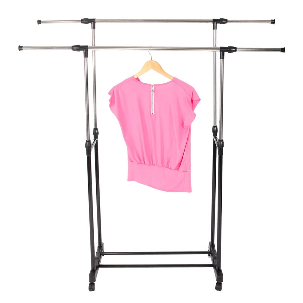 Dual Bar Stretching Stand Clothes Rack With Shoe Shelf.