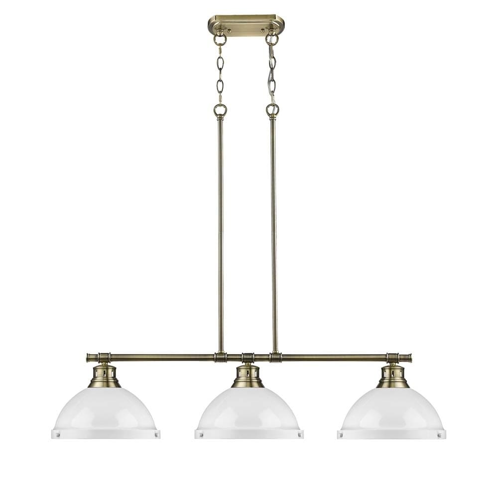 Duncan 3 Light Linear Pendant In Aged Brass With White Shades