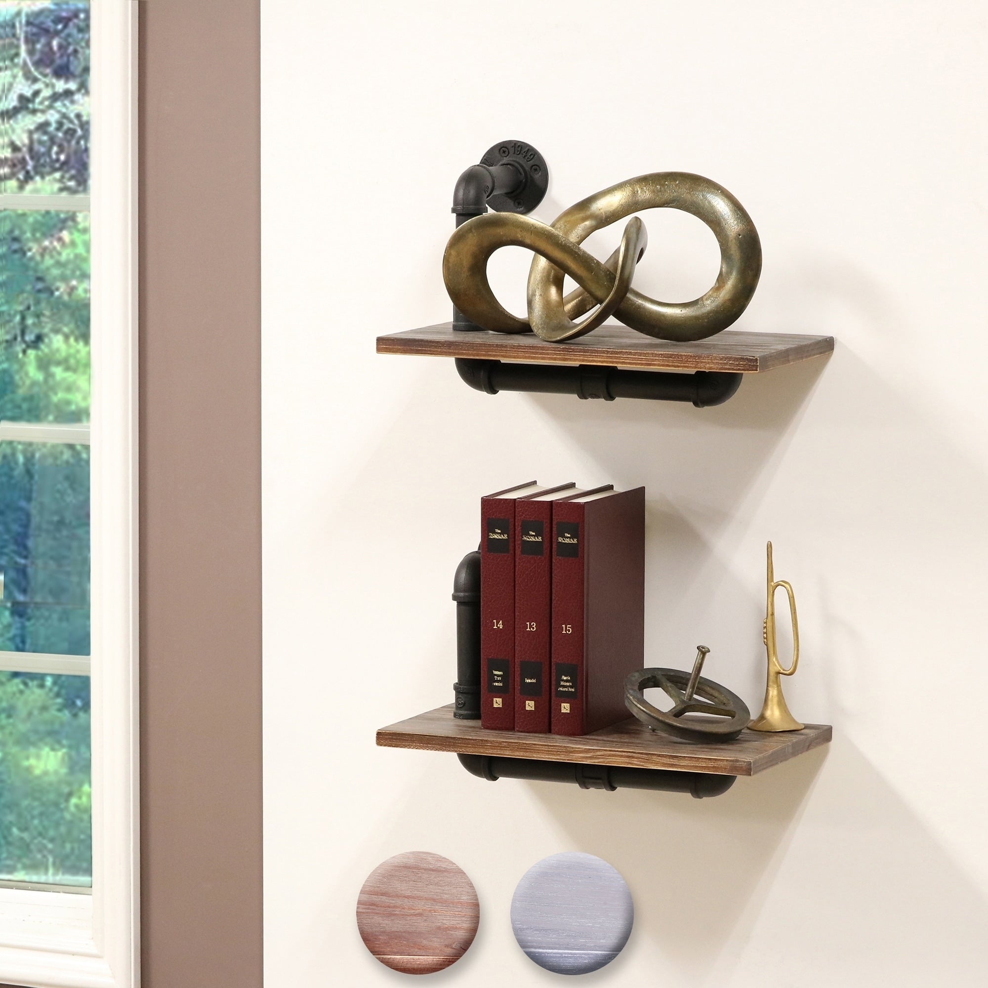 Carbon Loft Foronjy Paired Weathered Wood And Black Pipe Wall Shelves
