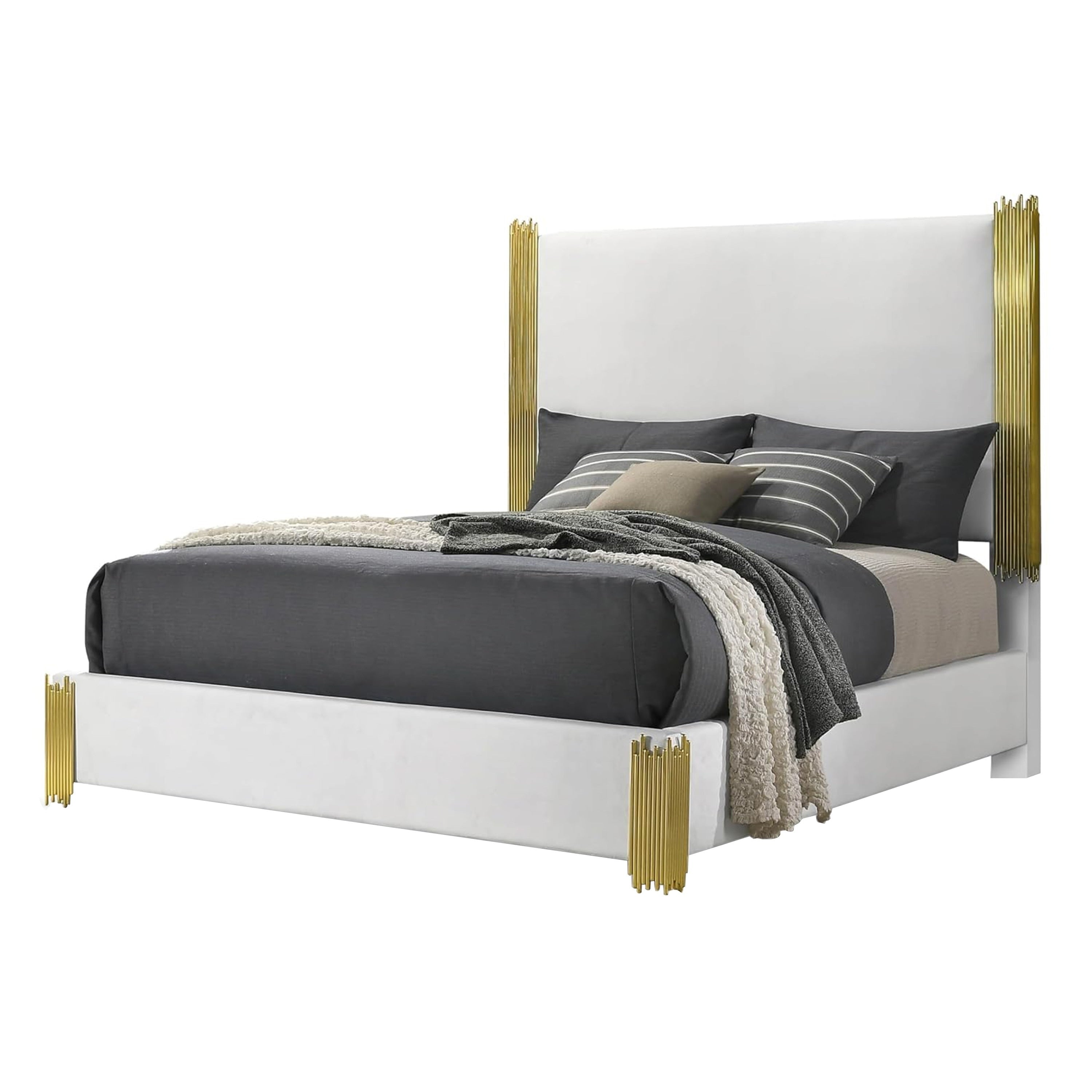 Dyl Queen Bed Soft Foam Upholstered White Fabric Gold Accent Posts
