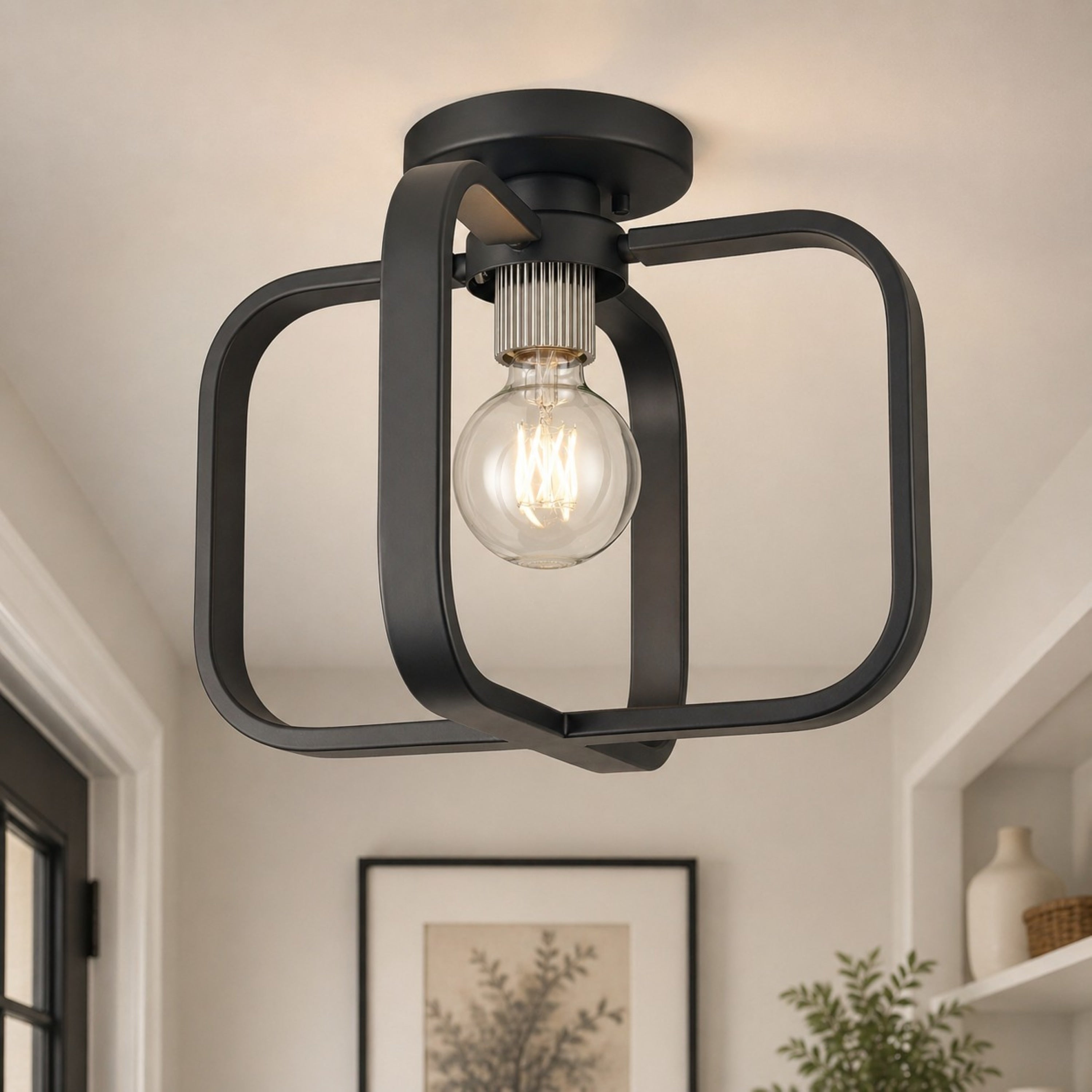 Dylan 13 Inch Wide 1 Light Flush Mount Ceiling Light Matte Black Modern Industrial Open Frame Fixture