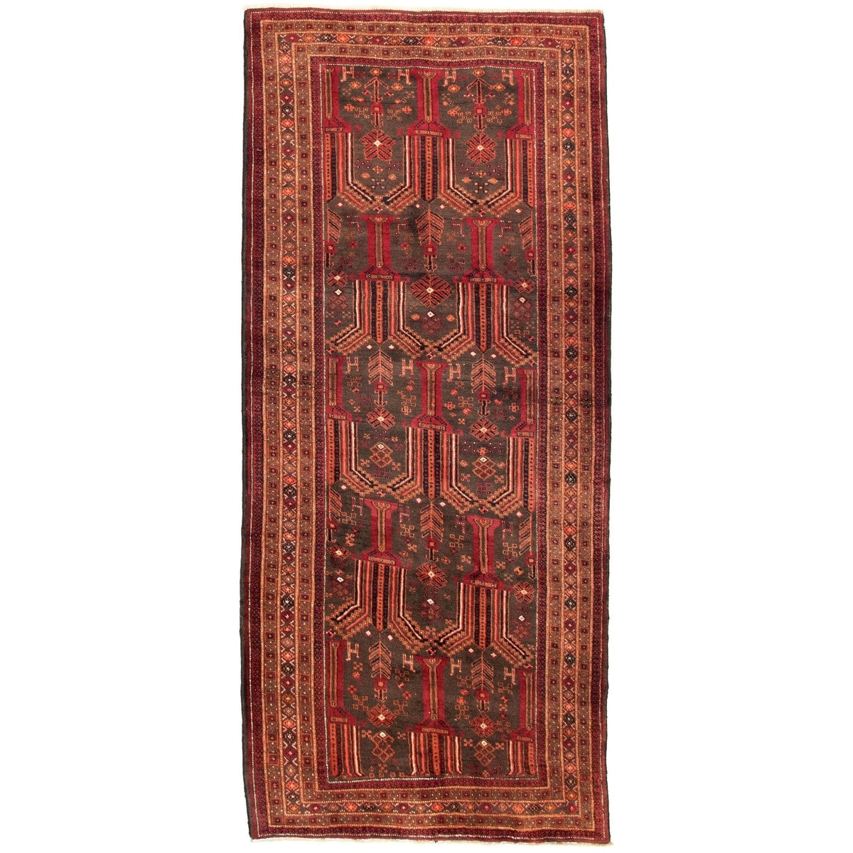 Hand Knotted Authentic Turkish Grey Red Wool Rug 42 X 98 Runner 42 X 98