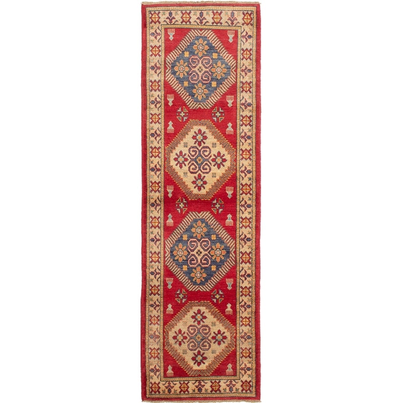 Ecarpetgallery Hand Knotted Finest Gazni Cream Dark Burgundy Wool Rug 27 X 90