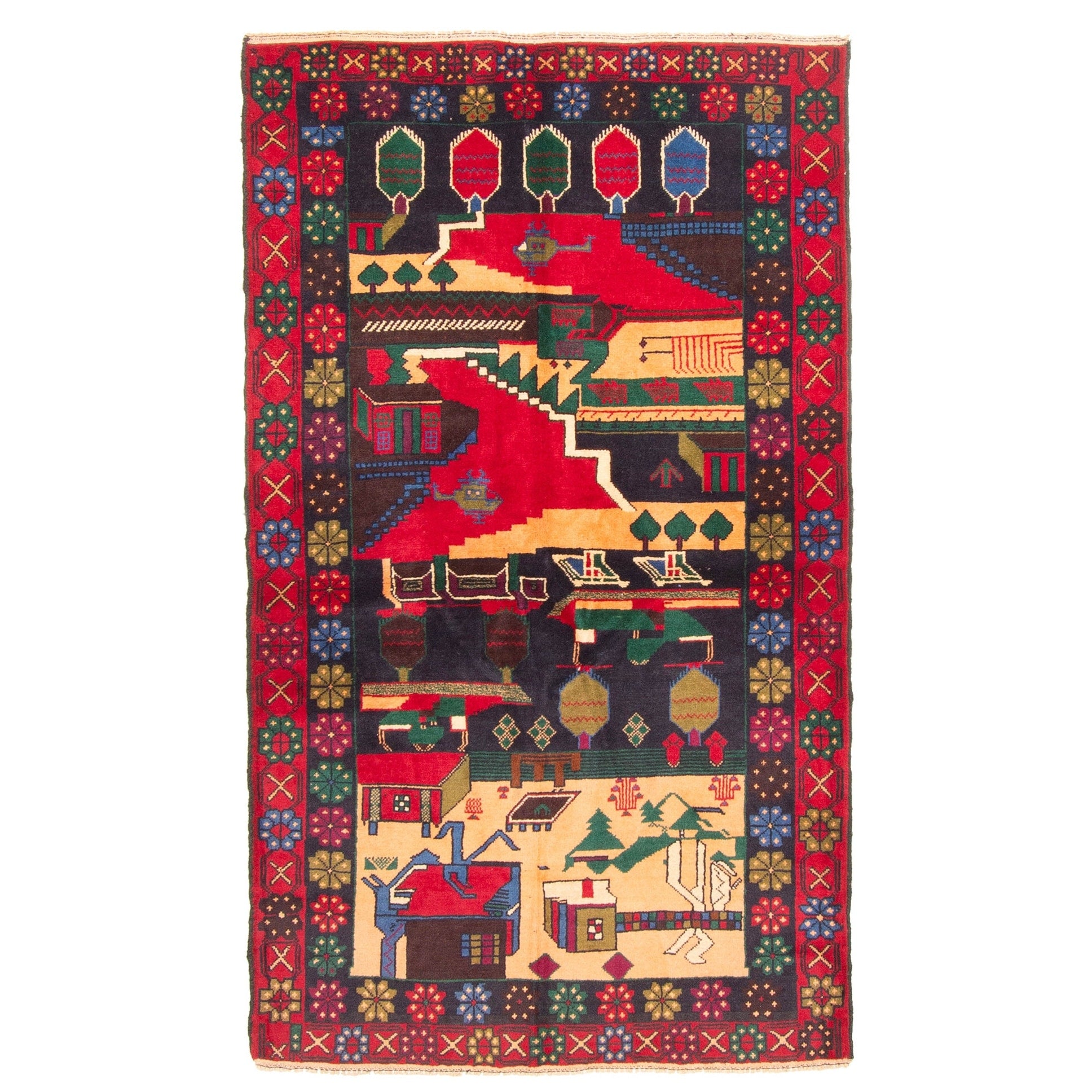 Ecarpetgallery Hand Knotted Rizbaft Dark Navy Red Wool Rug 36 X 60