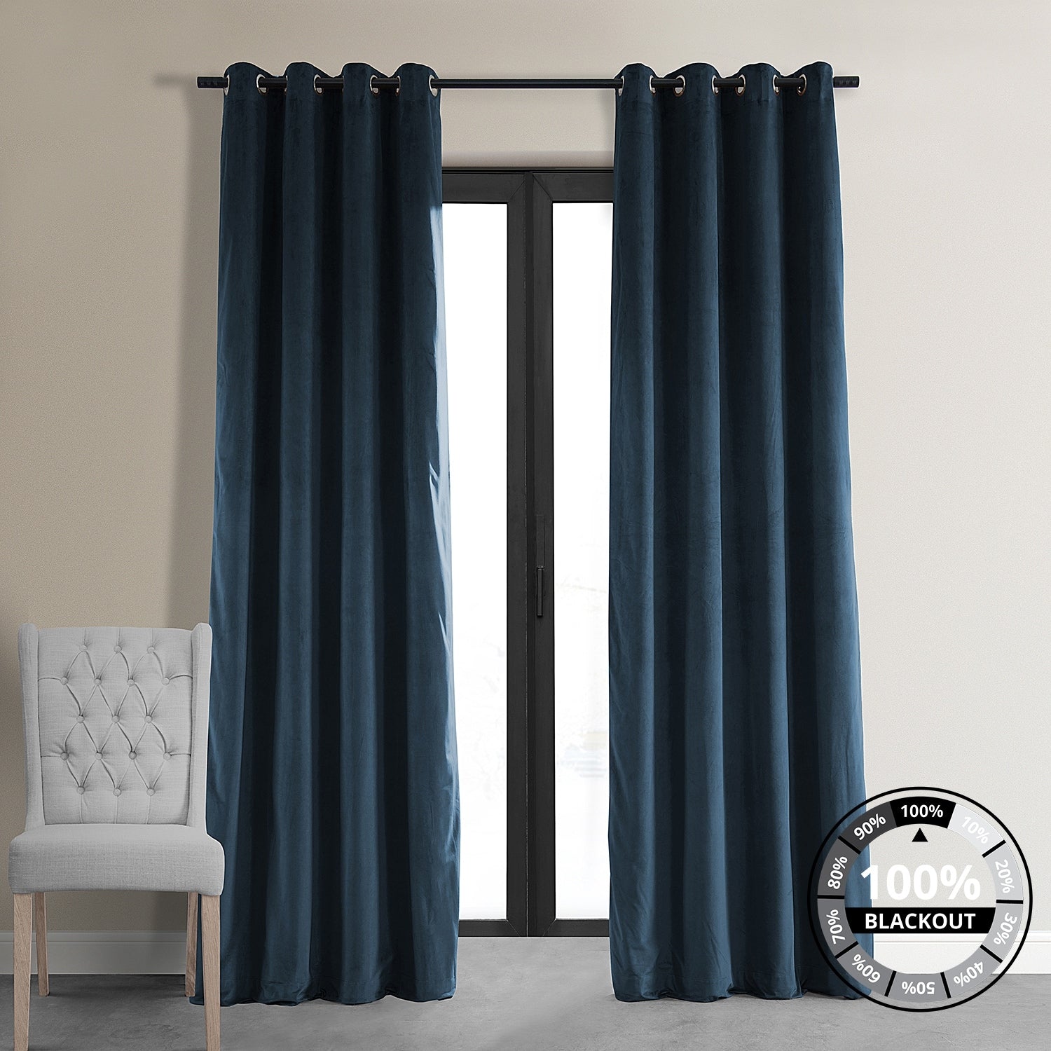 Exclusive Fabrics Midnight Blue Grommet Velvet Blackout Single Curtain Panel