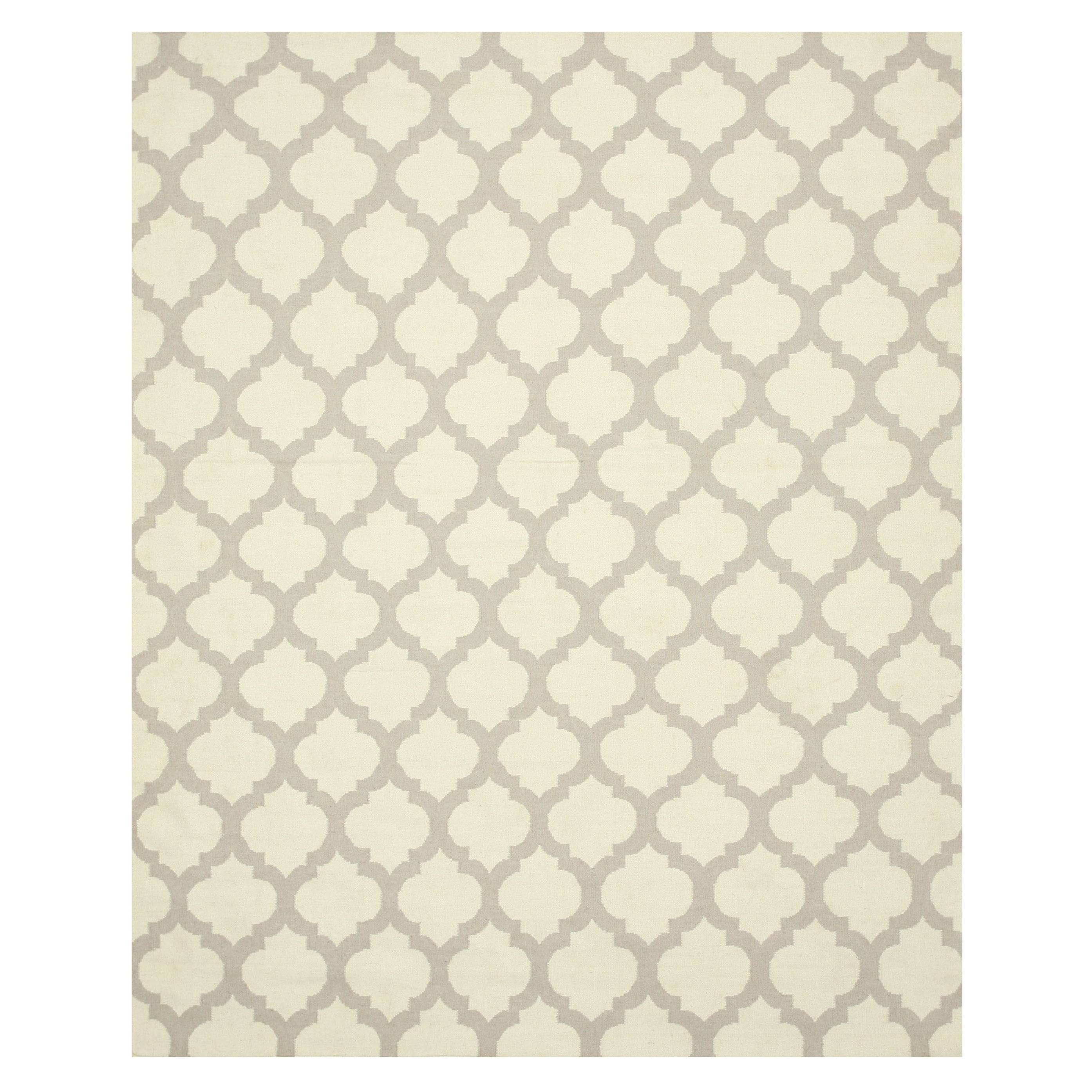 Handmade Wool Ivory Transitional Trellis Reversible Modern Moroccan Kilim Rug 10 X 14