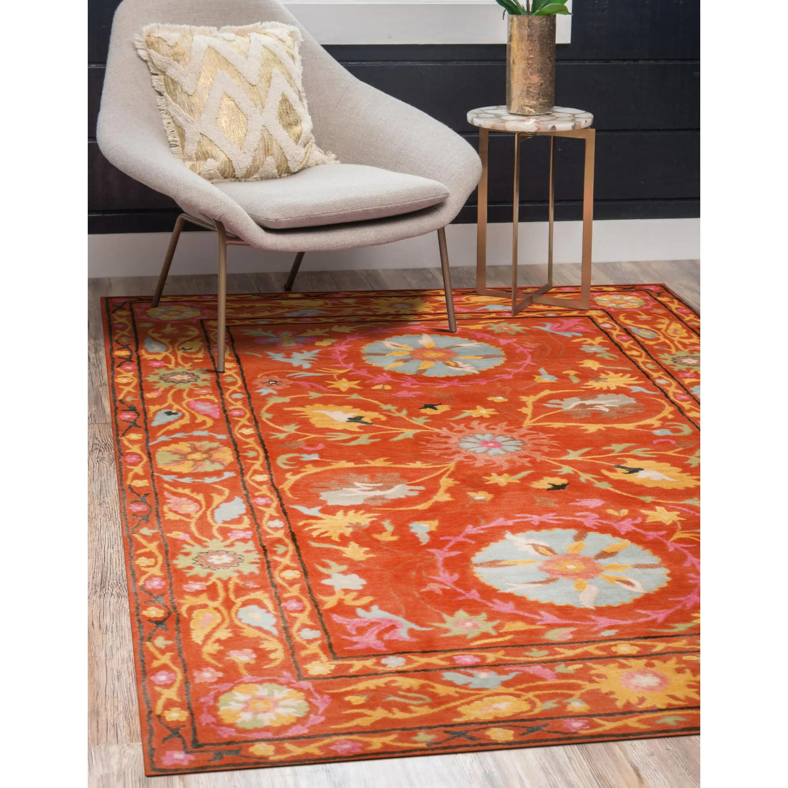 Eorc Hand Tufted Rust Wool Traditional Floral Suzani Rug 5 X 8
