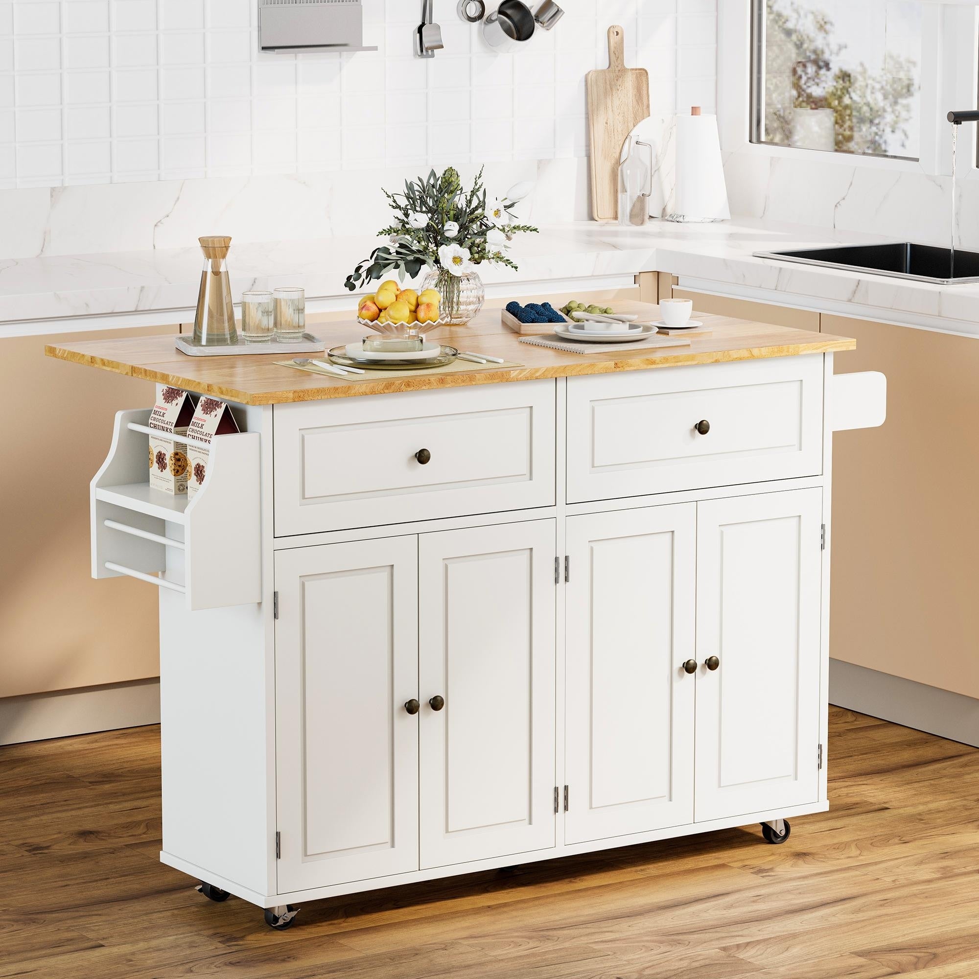 Erommy 52 Large Kitchen Island Cart With Drop Leaf 2 Drawers Storage Cabinets Rolling Mobile Island