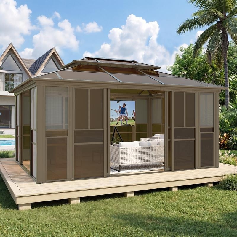 Erommy Sunroom Gazebo With Double Roof Adjustable Windows Lockable Sliding Doors For Patio Garden And Backyard