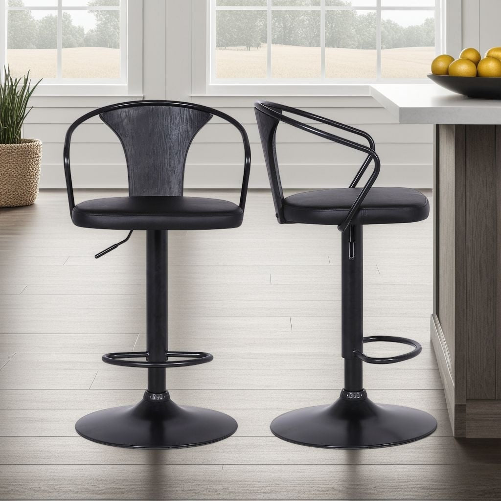 Eagle Contemporary Adjustable Barstool In Black Powder Coated Finish With Black Faux Leather And Black Brushed Wood Finish Back