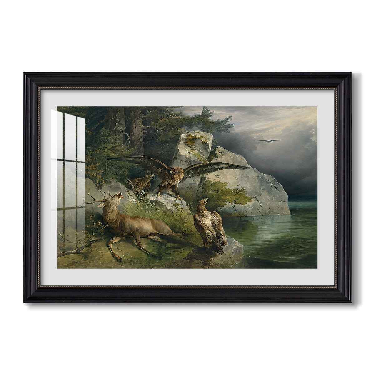 Eagles And Dying Stag On A 1836 Friedrich Gauermann Custom Framed Print