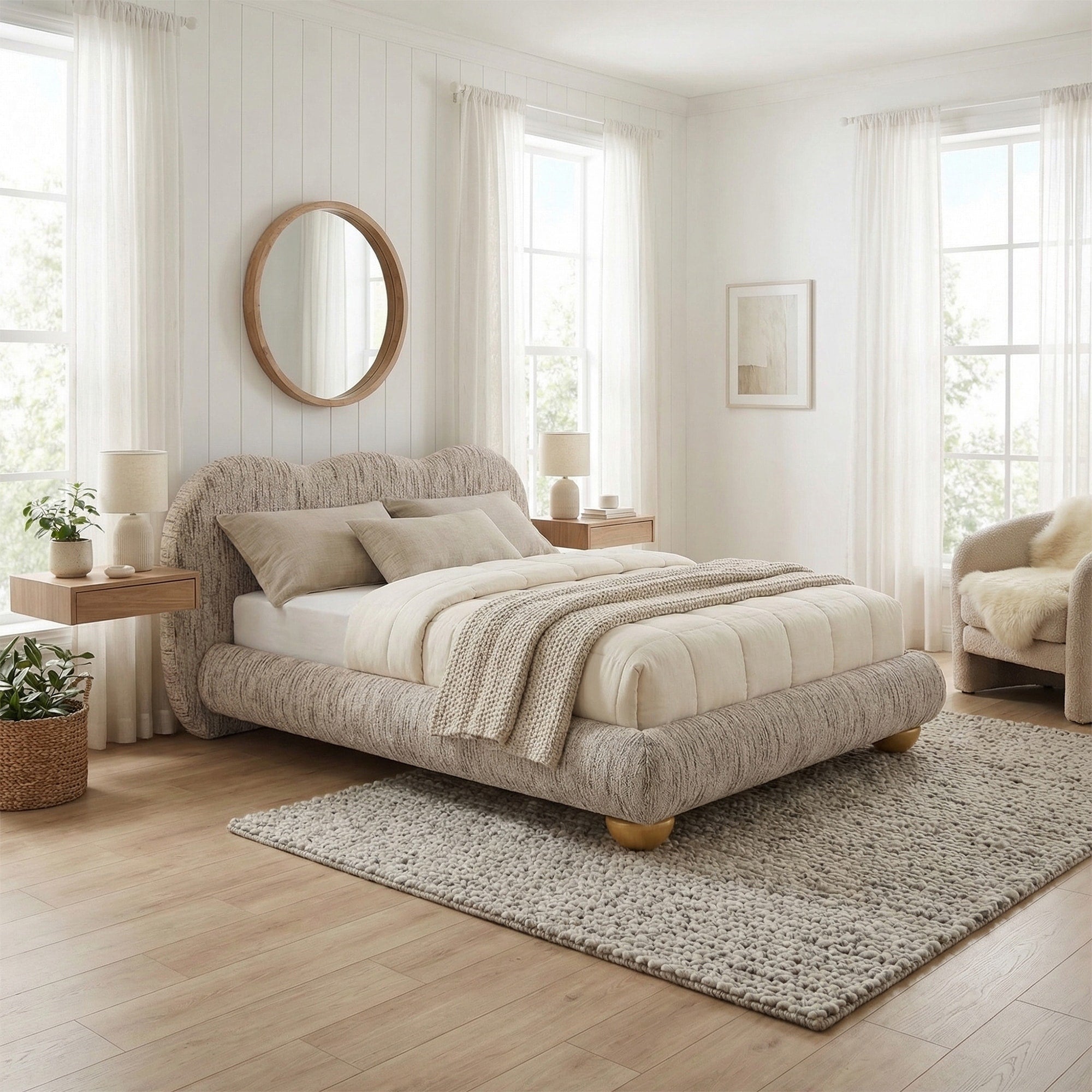 Eastern King Queen Fabric Contemporary Camel Back Headboard Platform Bed With Round Bun Feet