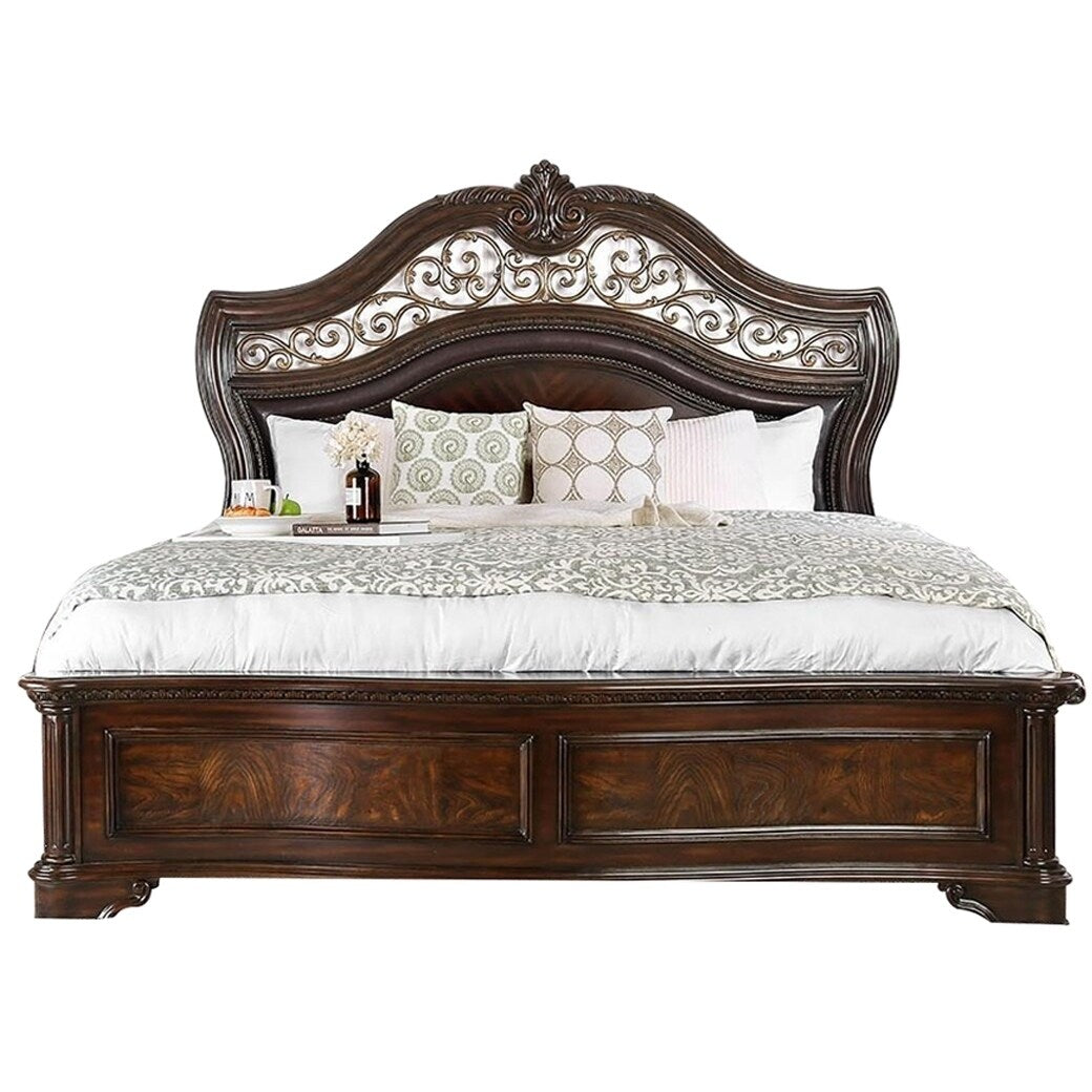 Eastern King Wooden Bed With Intricate Carved Headboard Brown