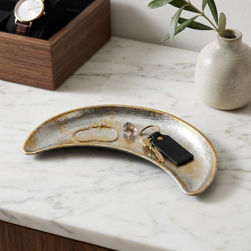 Ecara Silver And Gold Moon Shaped Metal Trinket Tray