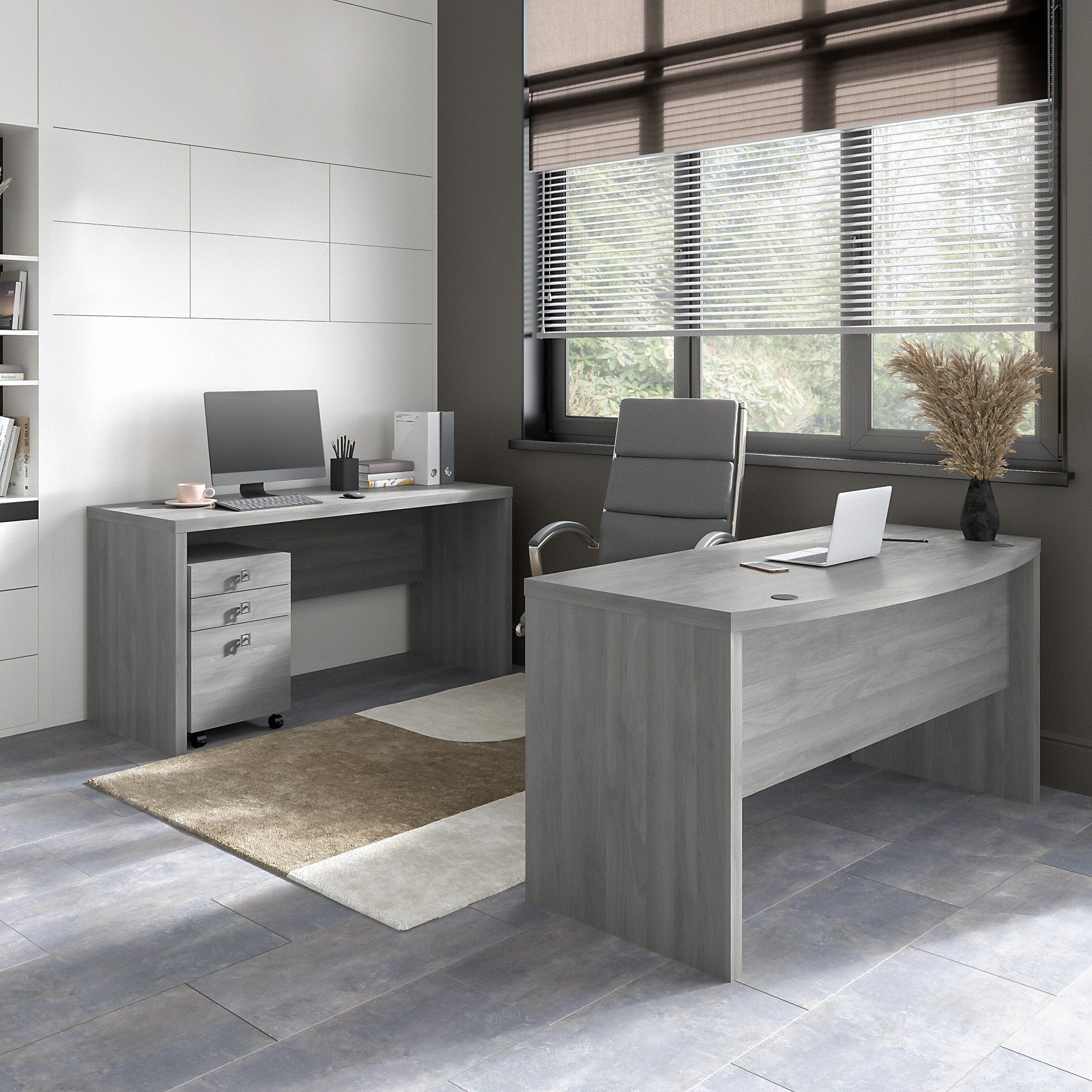 Office By Kathy Ireland Echo Bow Front Desk And Credenza With Mobile File Cabinet