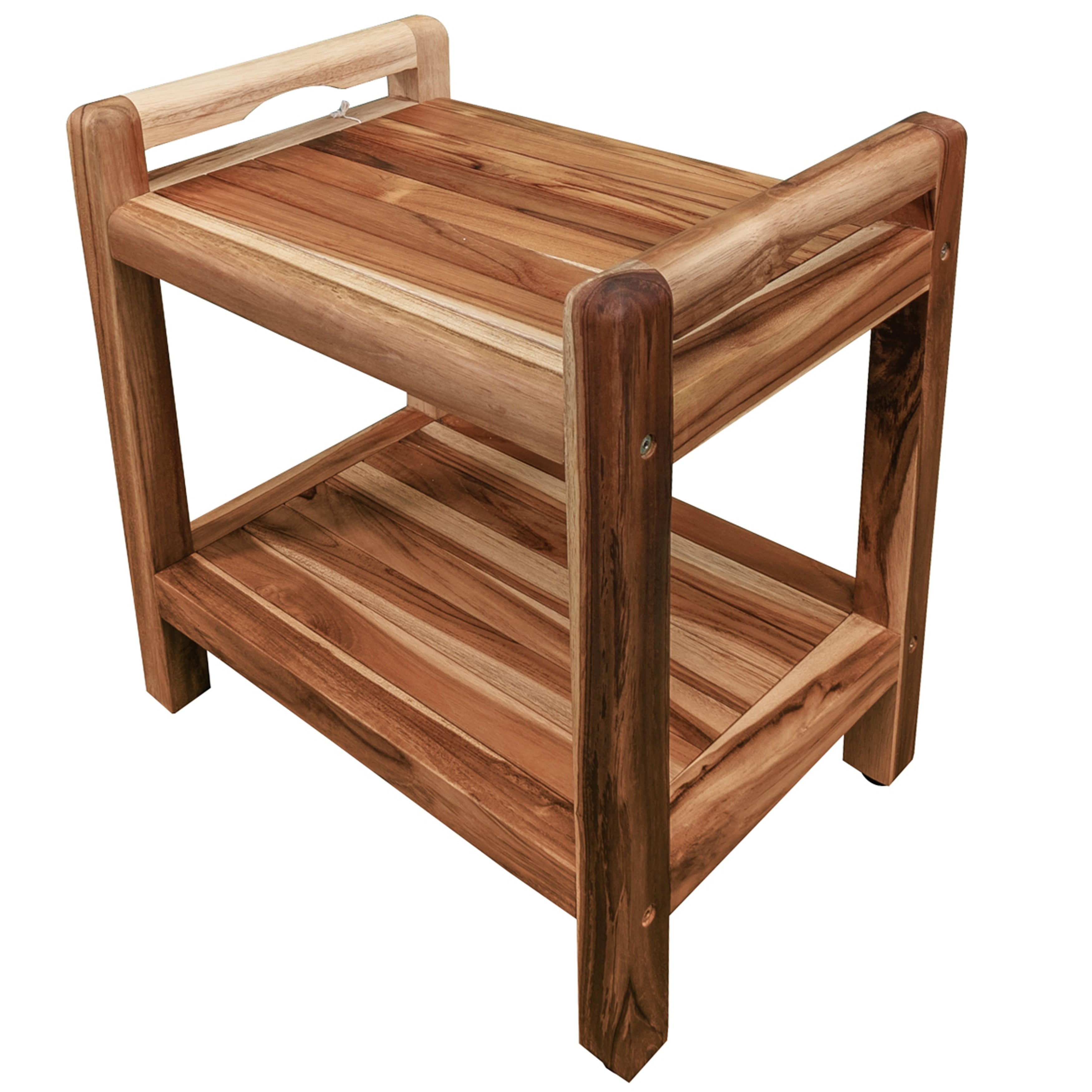18 Ecodecors Earthyteak Eleganto Solid Teak Shower Bench With Shelf And Liftaide Arms In Earthyteak Finish