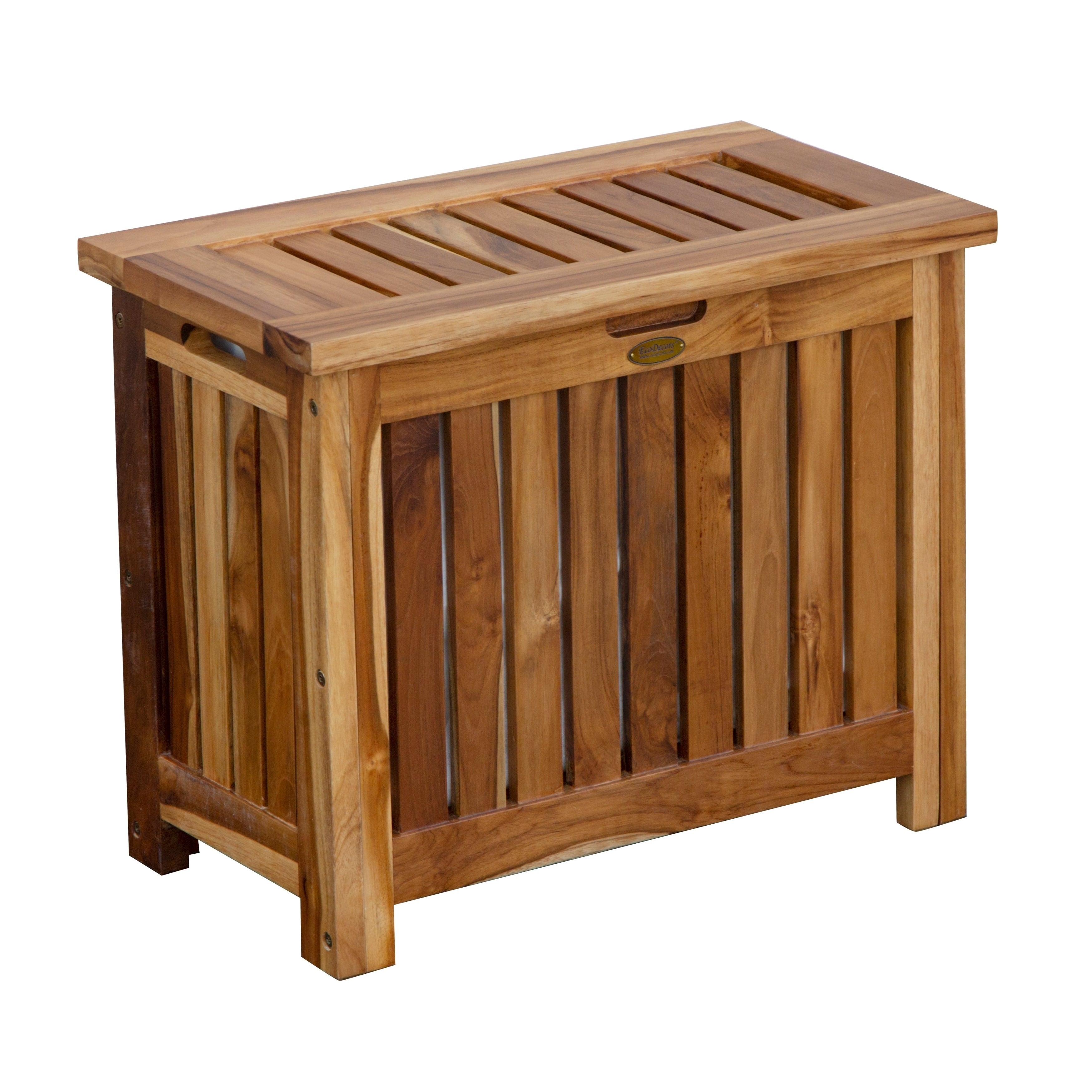 Ecodecors Solid Teak Slatted Bench Hamper With Laundry Bag In Earthyteak Finish