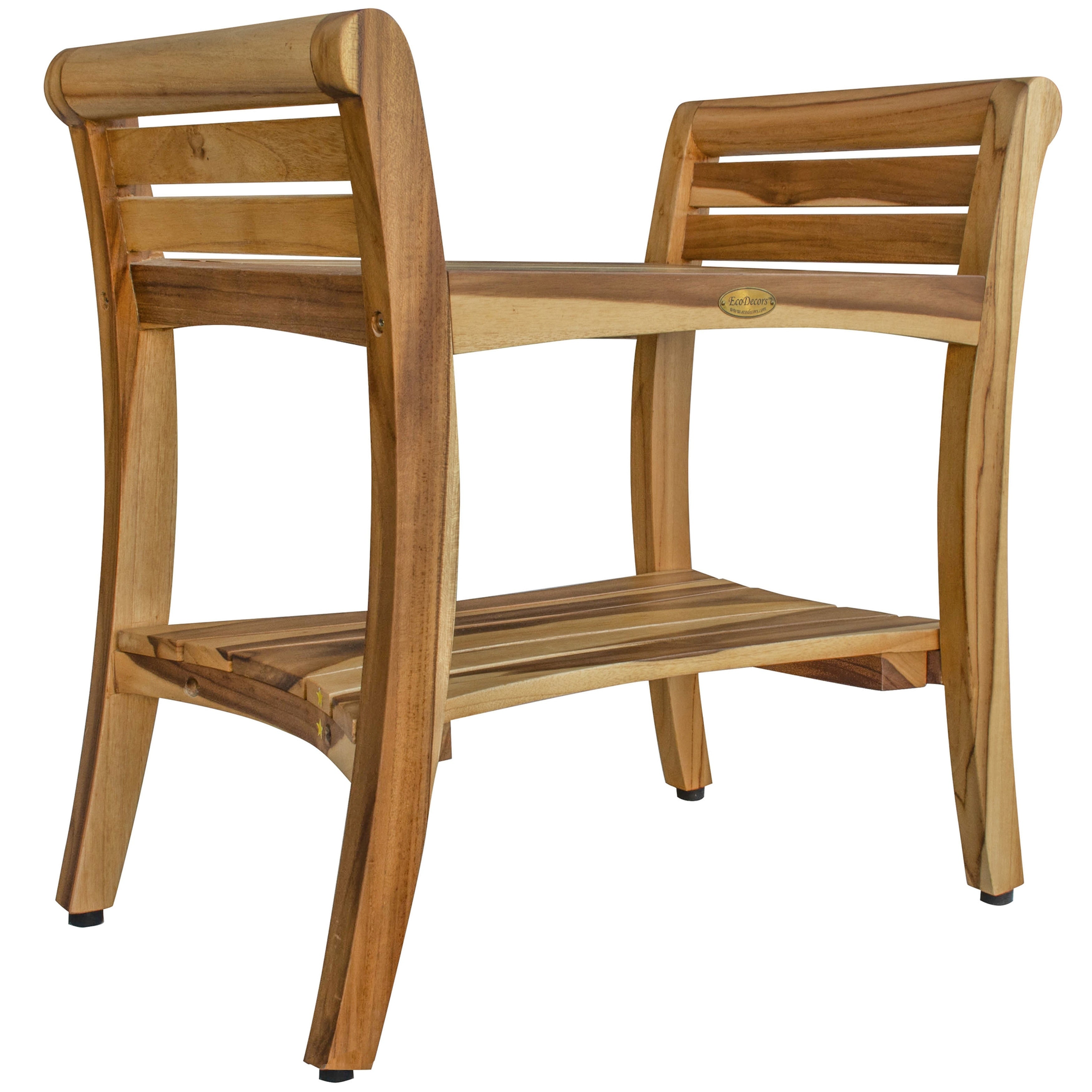 24 Ecodecors Earthyteak Symmetry Solid Teak Shower Bench With Shelf And Liftaide Arms Earthyteak Finish