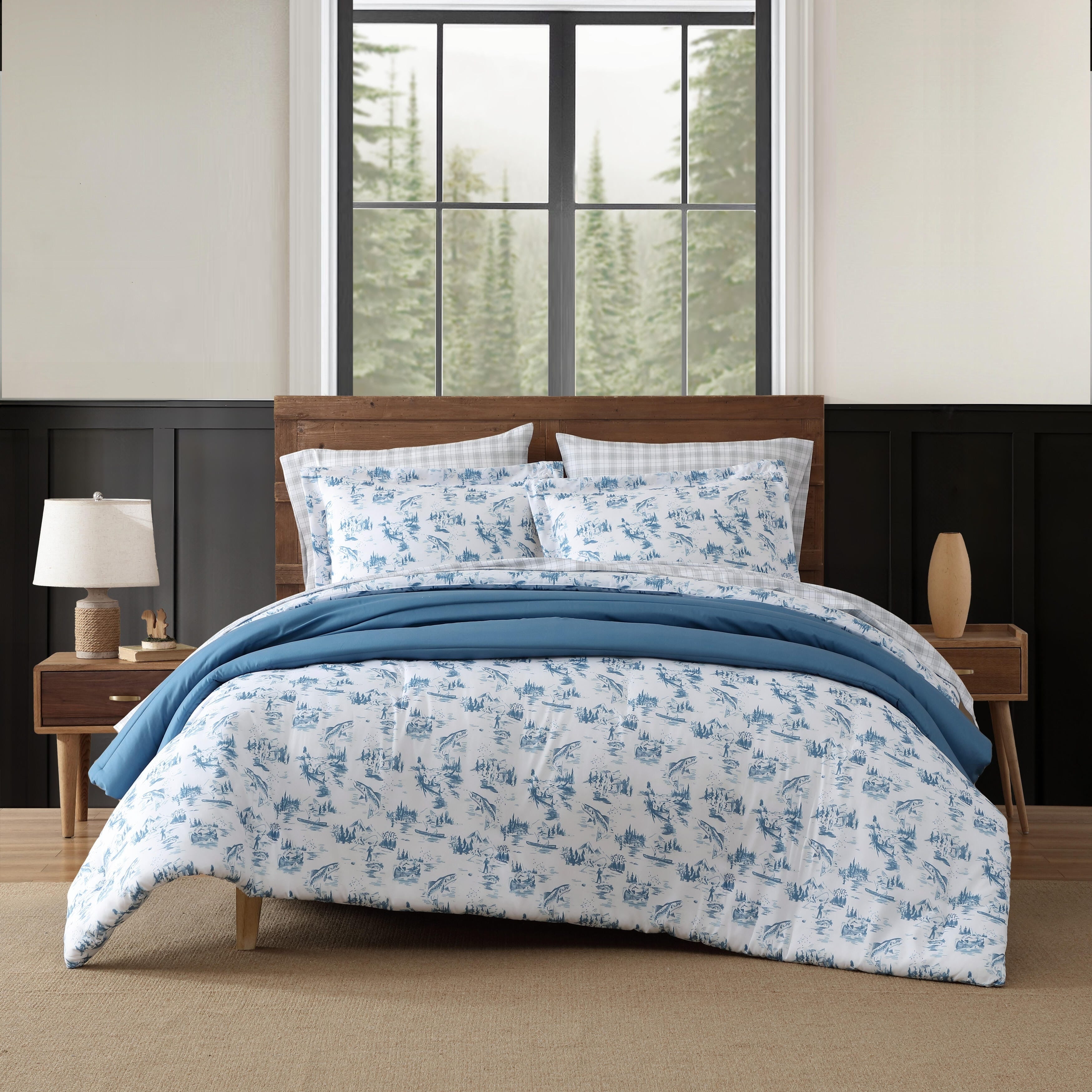 Eddie Bauer Fish Town Toile Reversible Lightweight Coastal Comforter Set Blue