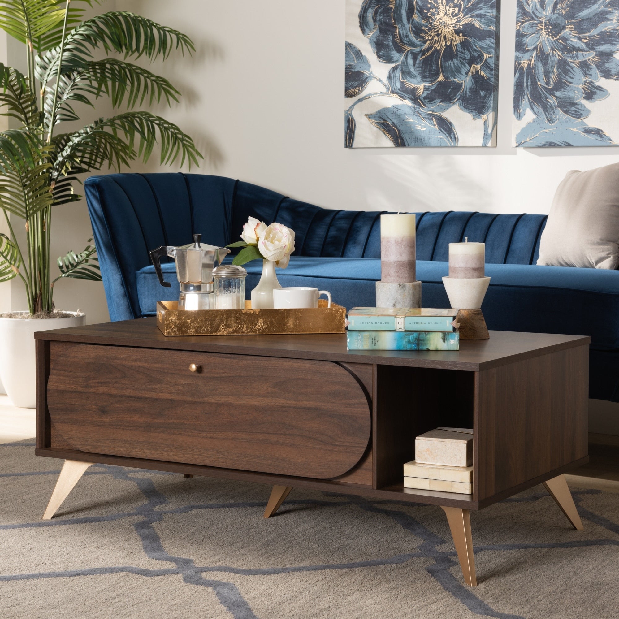 Edel Mid Century Walnut Brown And Gold Finished Wood Coffee Table