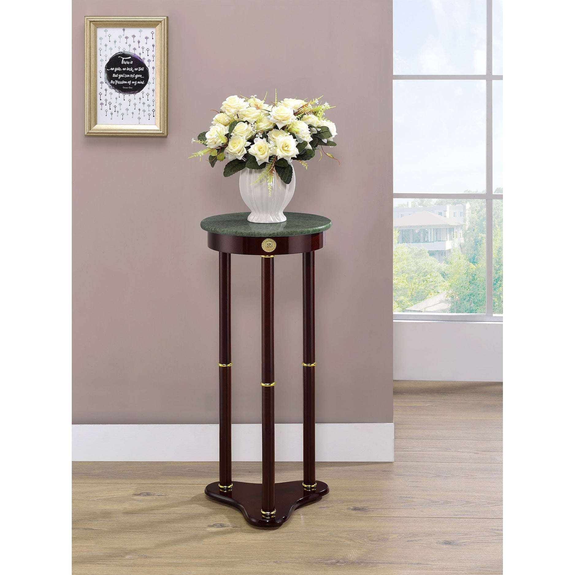 Coaster Company Green Marble Top Cherry Finish Wood Round Plant Stand