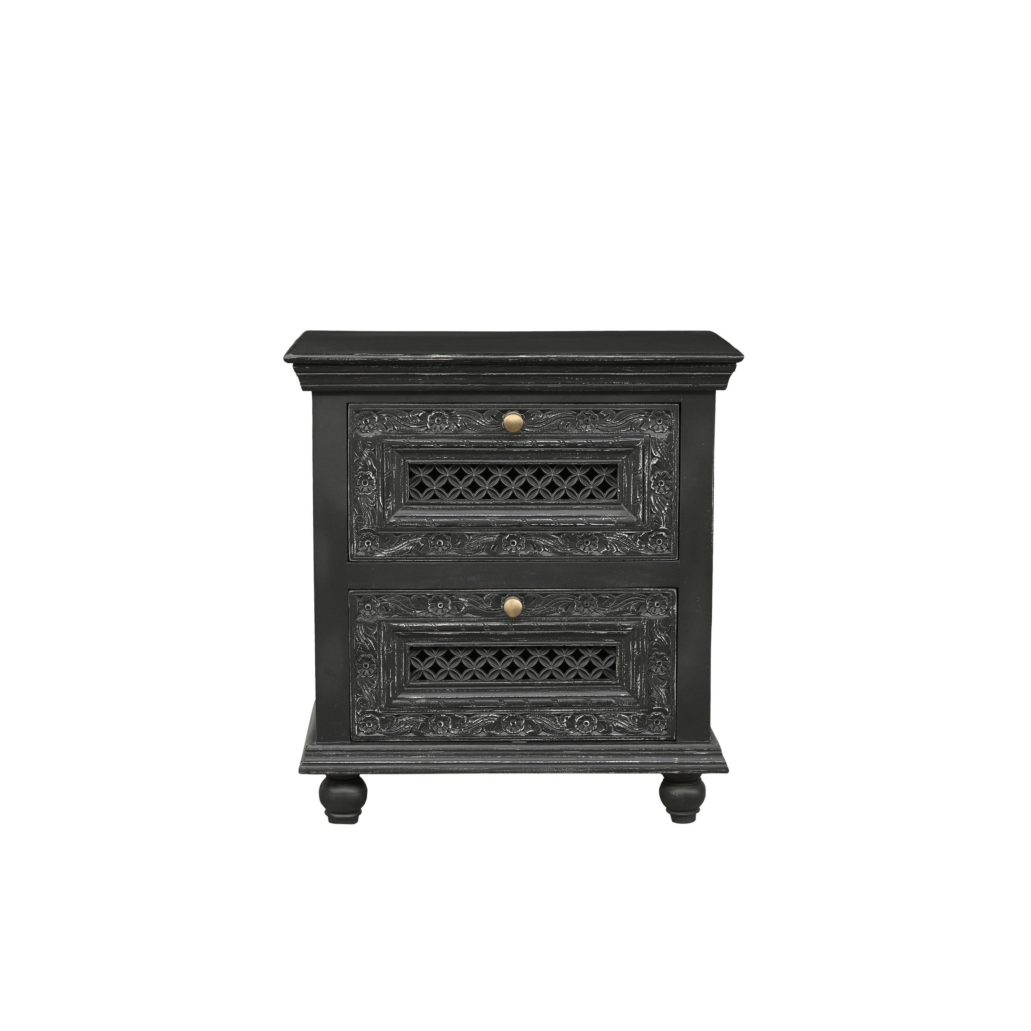 Edmond Hand Carved Mango Wood 2 Drawer Nightstand With Floral Fronts