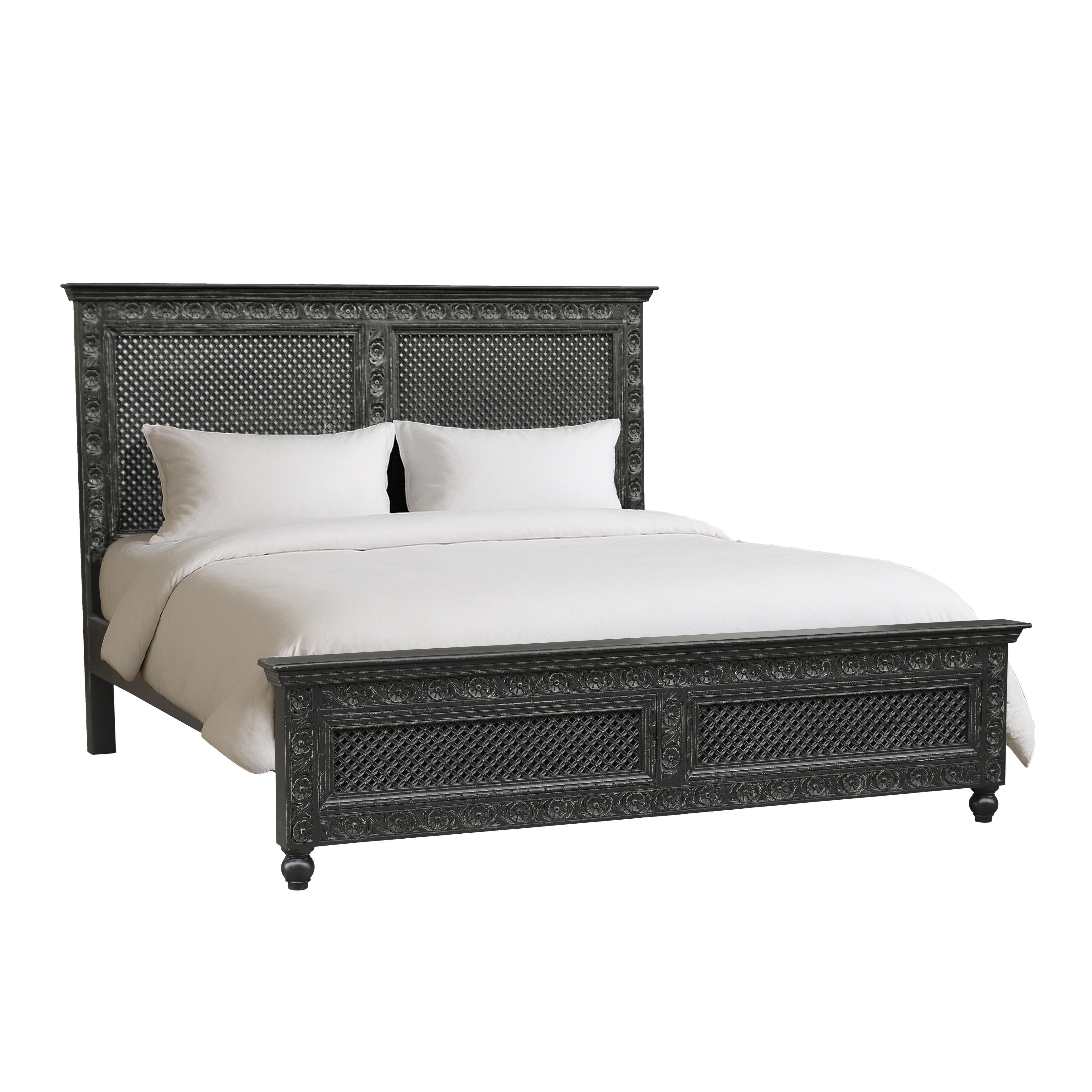 Edmond Hand Carved Solid Mango Wood King Bed With Floral Cutout Panels