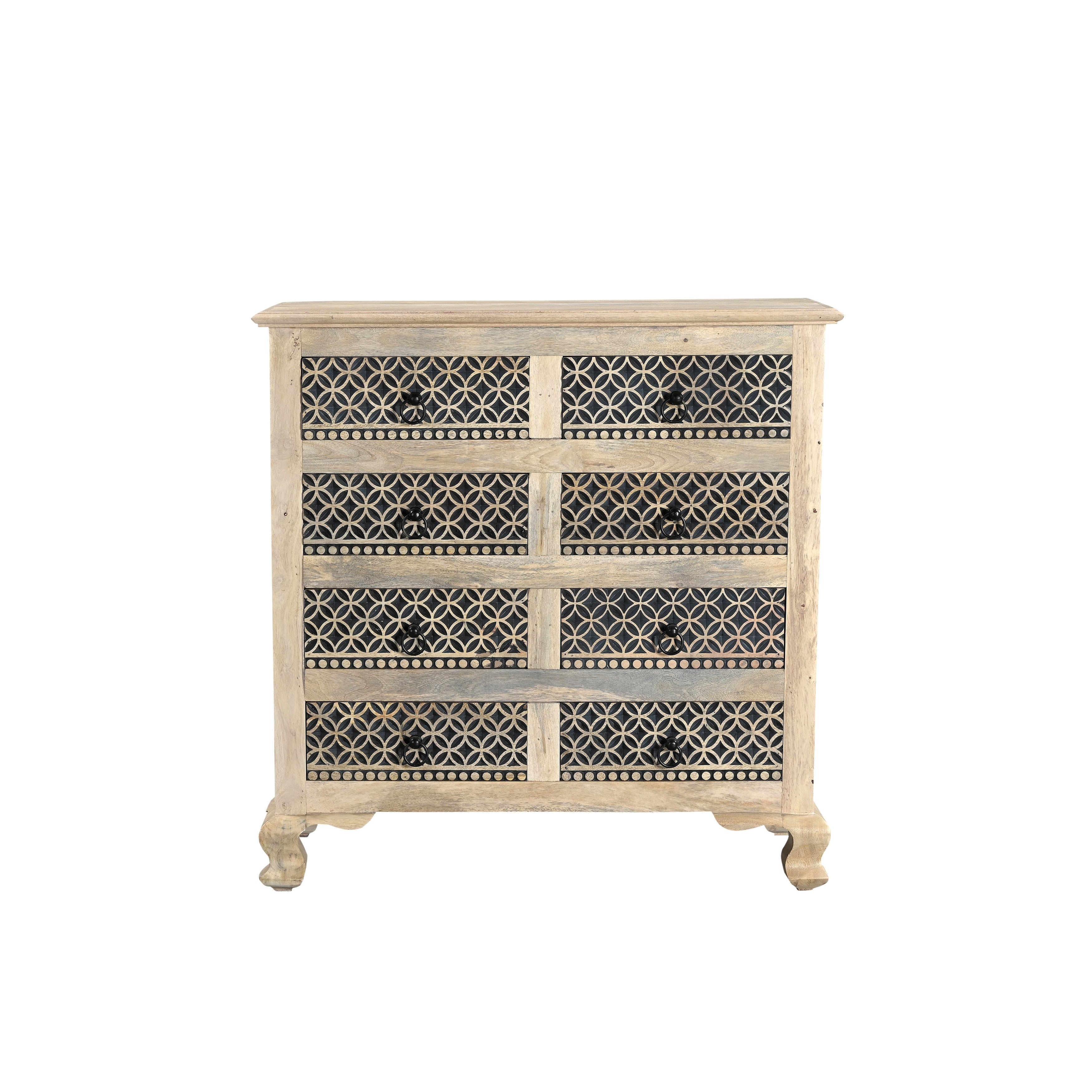 Edmond Solid Mango Wood 8 Drawer Chest With Carved Geometric Fronts