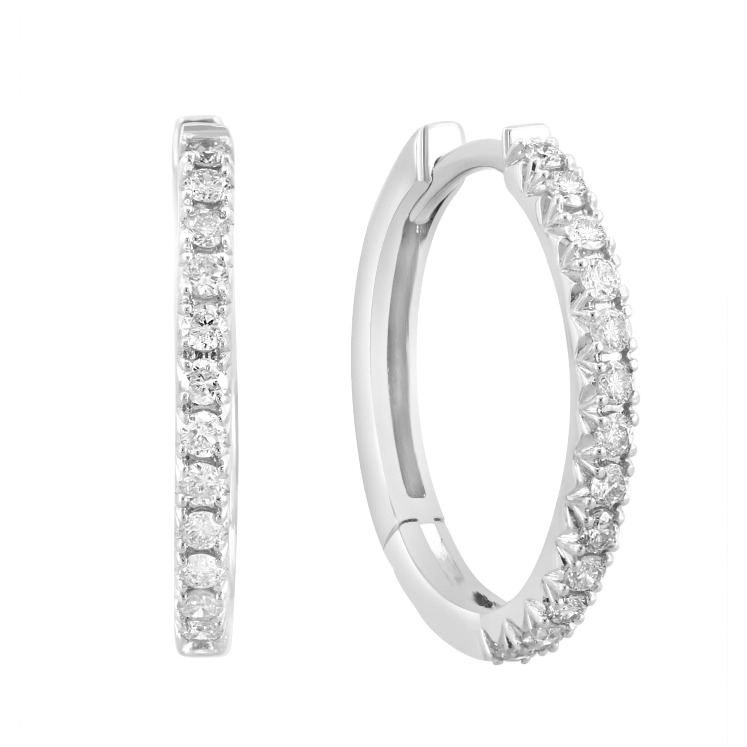Effy Womens 14K White Gold Pave Diamond Thin Hoop Earrings