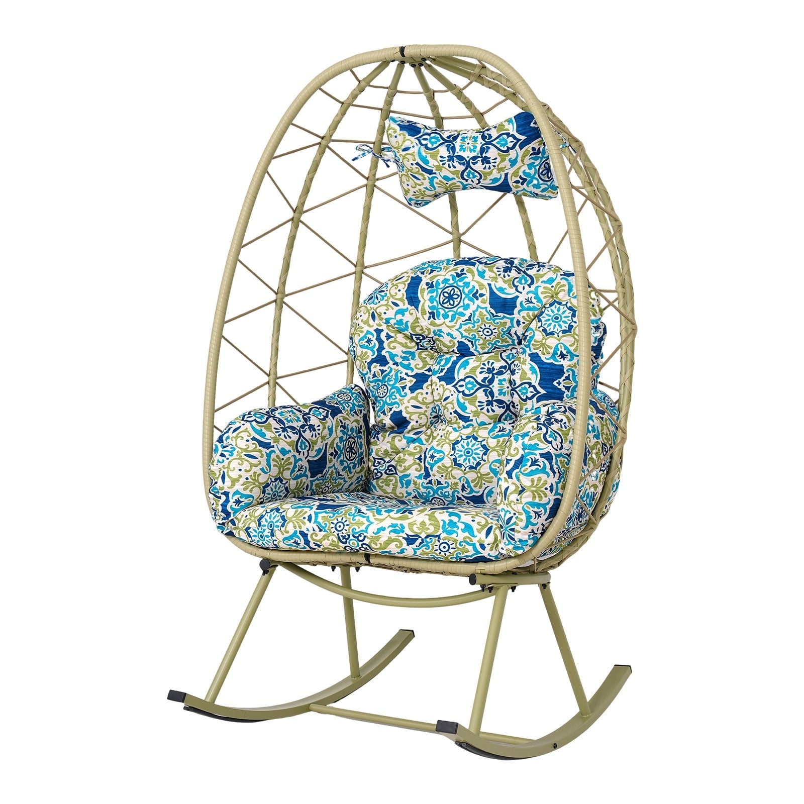 Egg Rocking Chair 330Lbs Capacity Wicker Rattan Cocoon Lounge Chair With Thick Cushion Pillow Foldable Single Swing Rocker