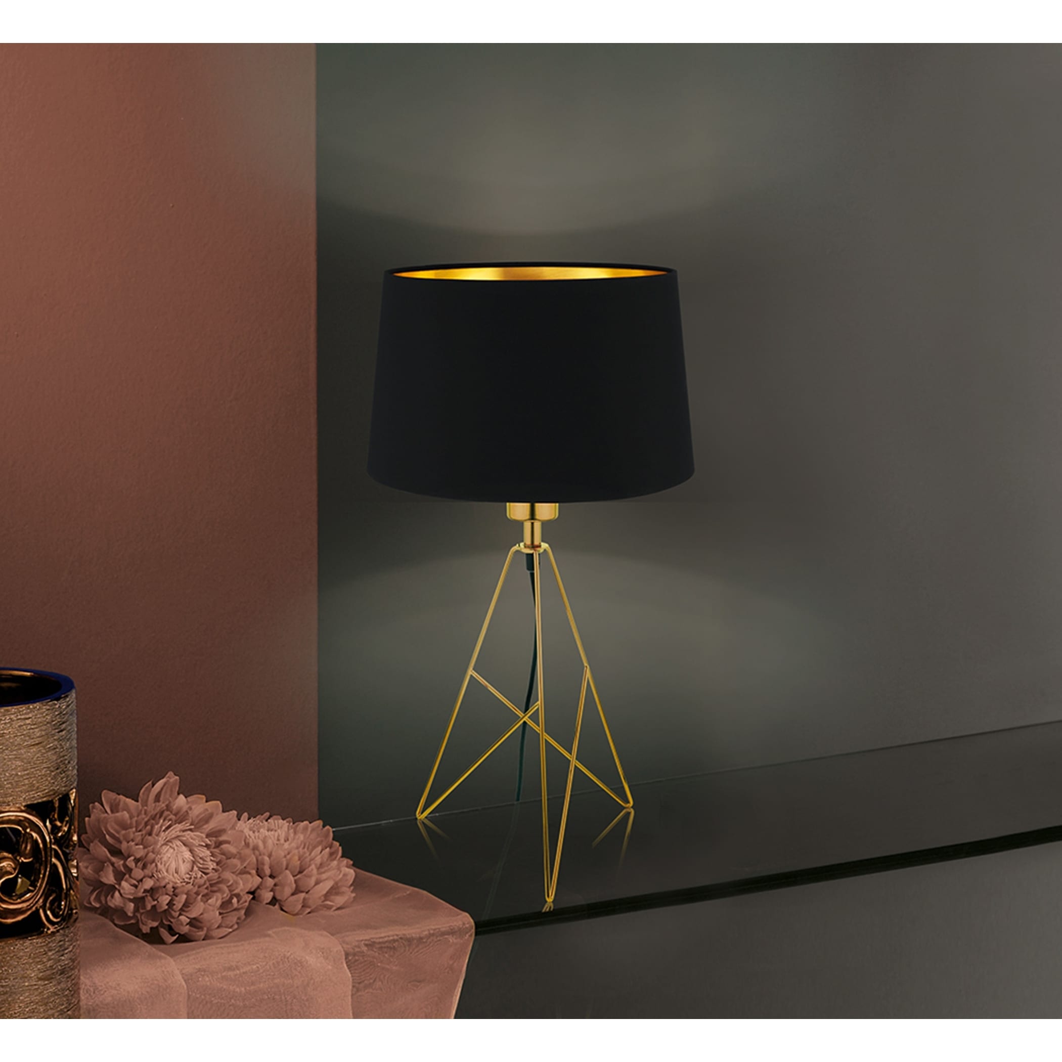Eglo Camporale 1 Light Gold Table Lamp With Black Exterior Gold Interior Fabric