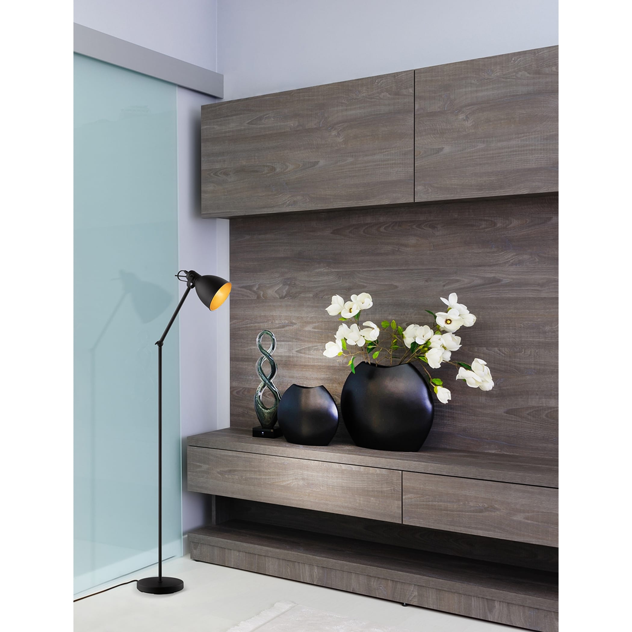 Eglo Priddy 2 Black 1 Light Floor Lamp With Black Exterior Gold Interior