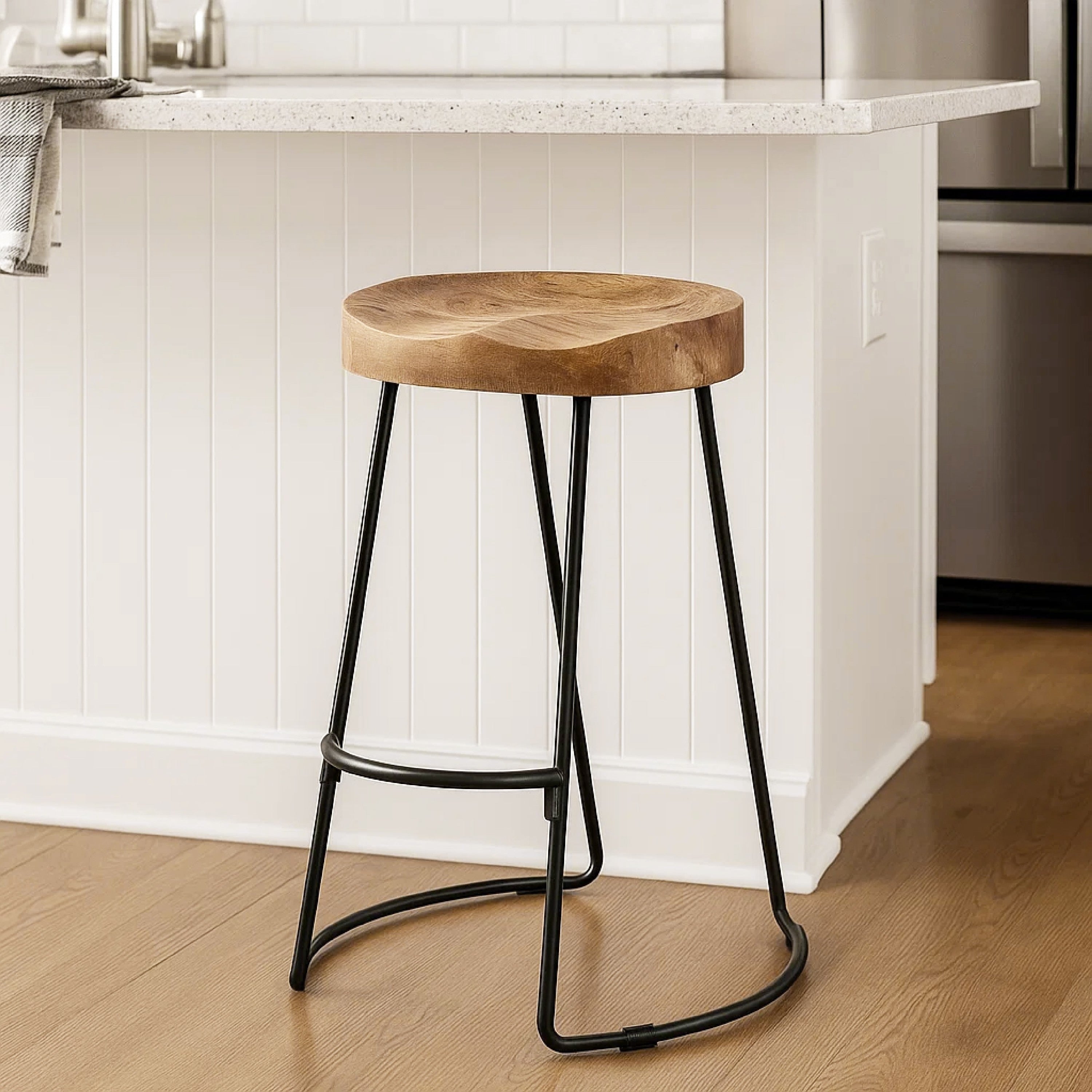 Wooden Saddle Seat Bar Stool With Iron Base Large Brown And Black