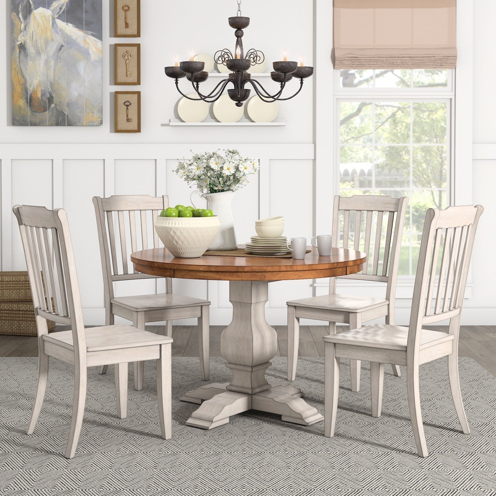 Eleanor Antique White Round Solid Wood Top 5 Piece Dining Set Slat Back By Inspire Q Classic