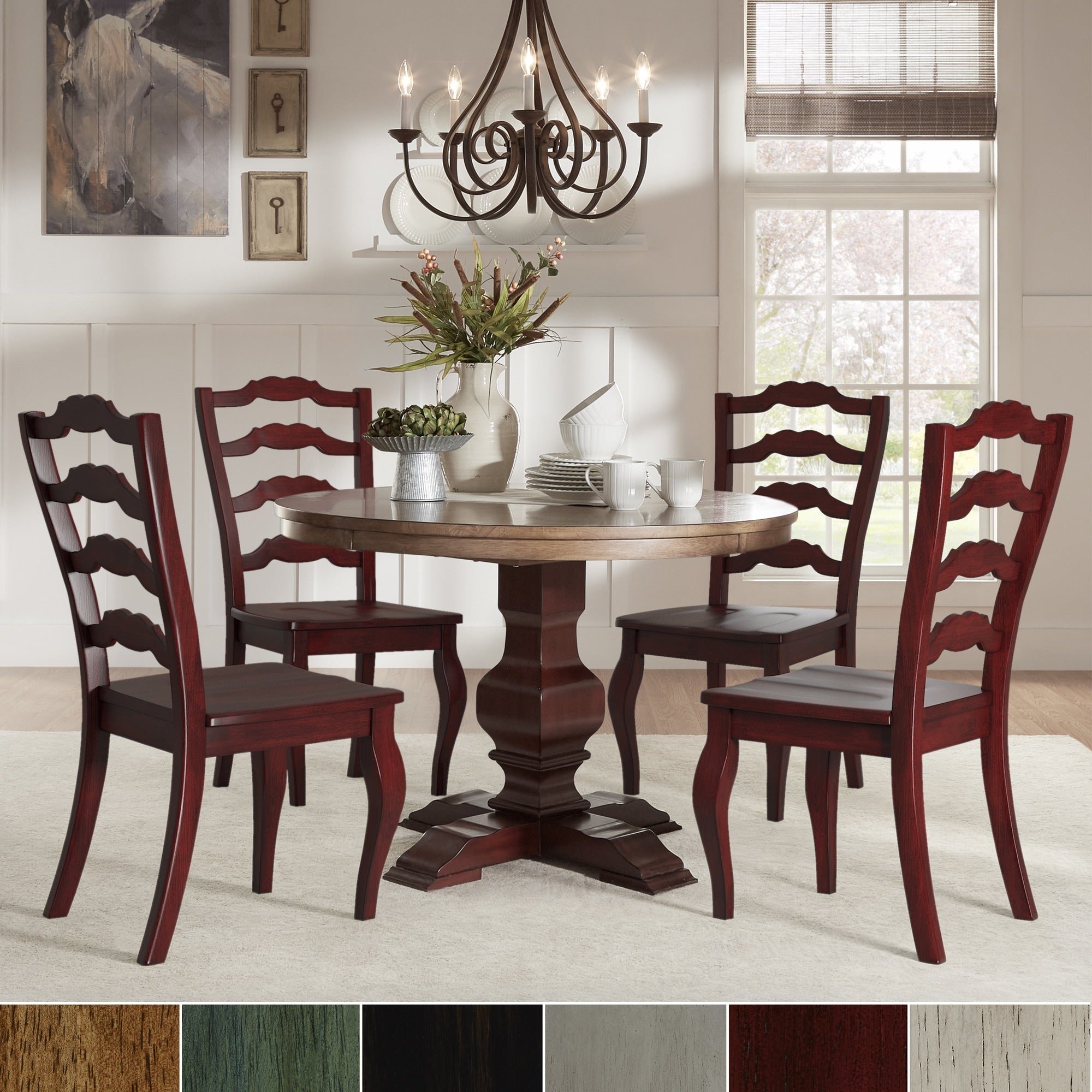 Eleanor Red Round Solid Wood Top 5 Piece Dining Set French Ladder Back By Inspire Q Classic