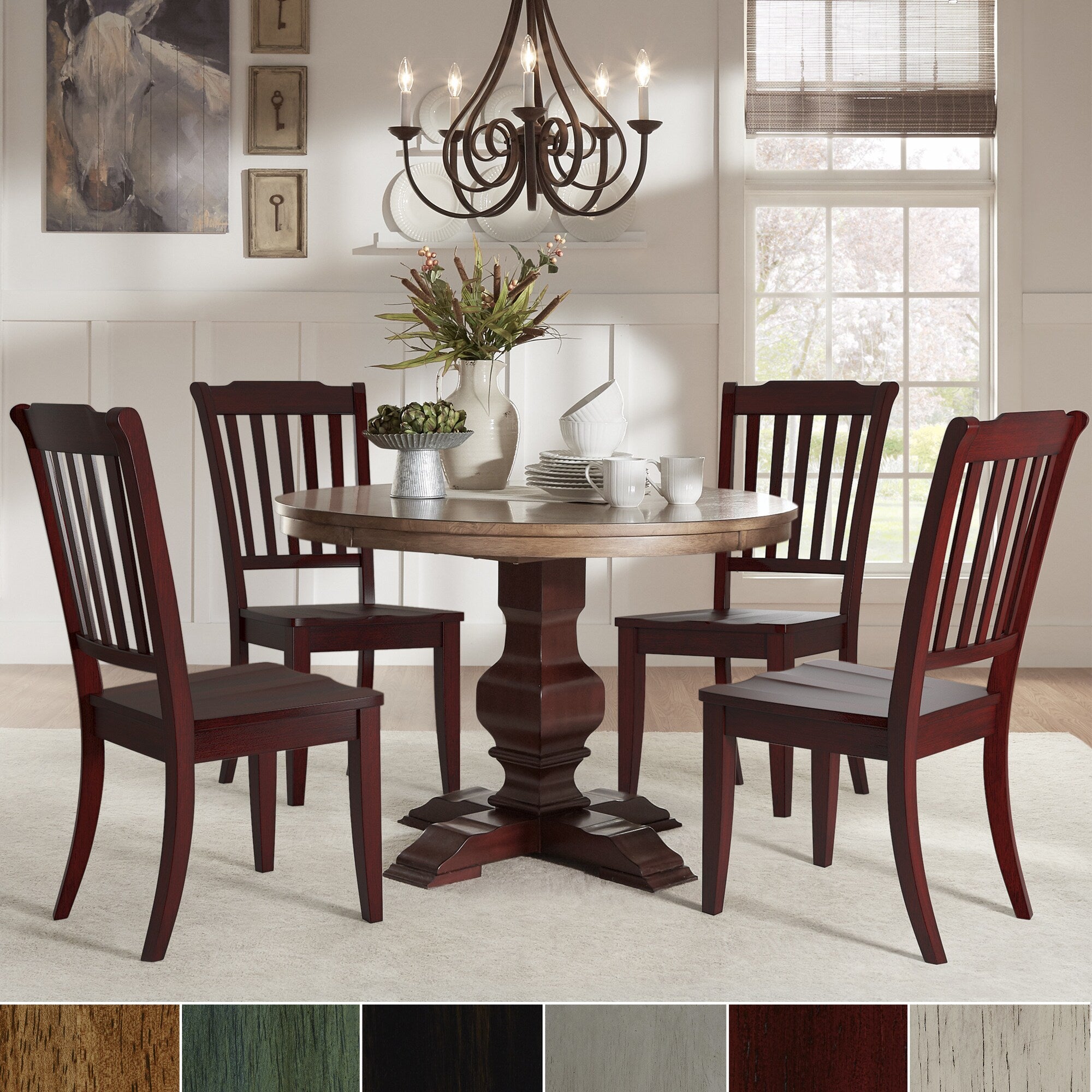Eleanor Red Round Solid Wood Top 5 Piece Dining Set Slat Back By Inspire Q Classic