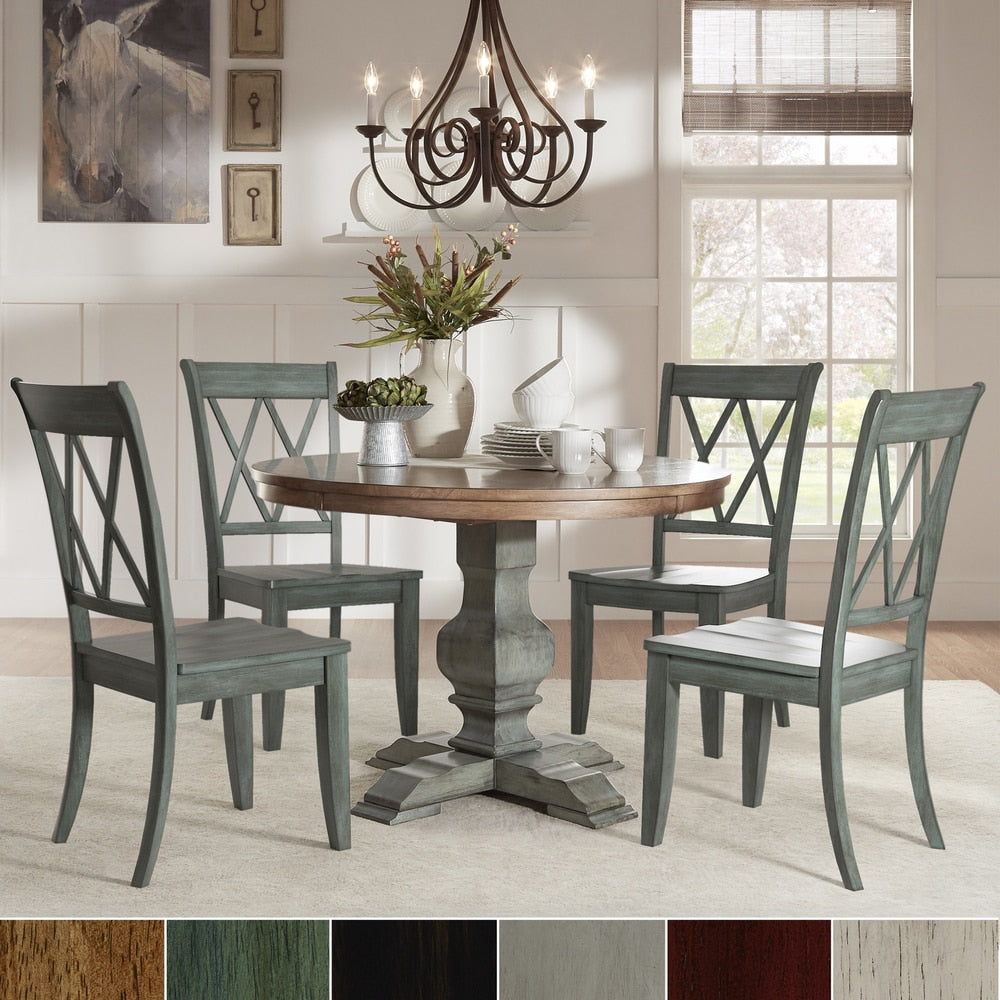 Eleanor Sage Green Round Solid Wood Top Double X Back 5 Piece Dining Set By Inspire Q Classic