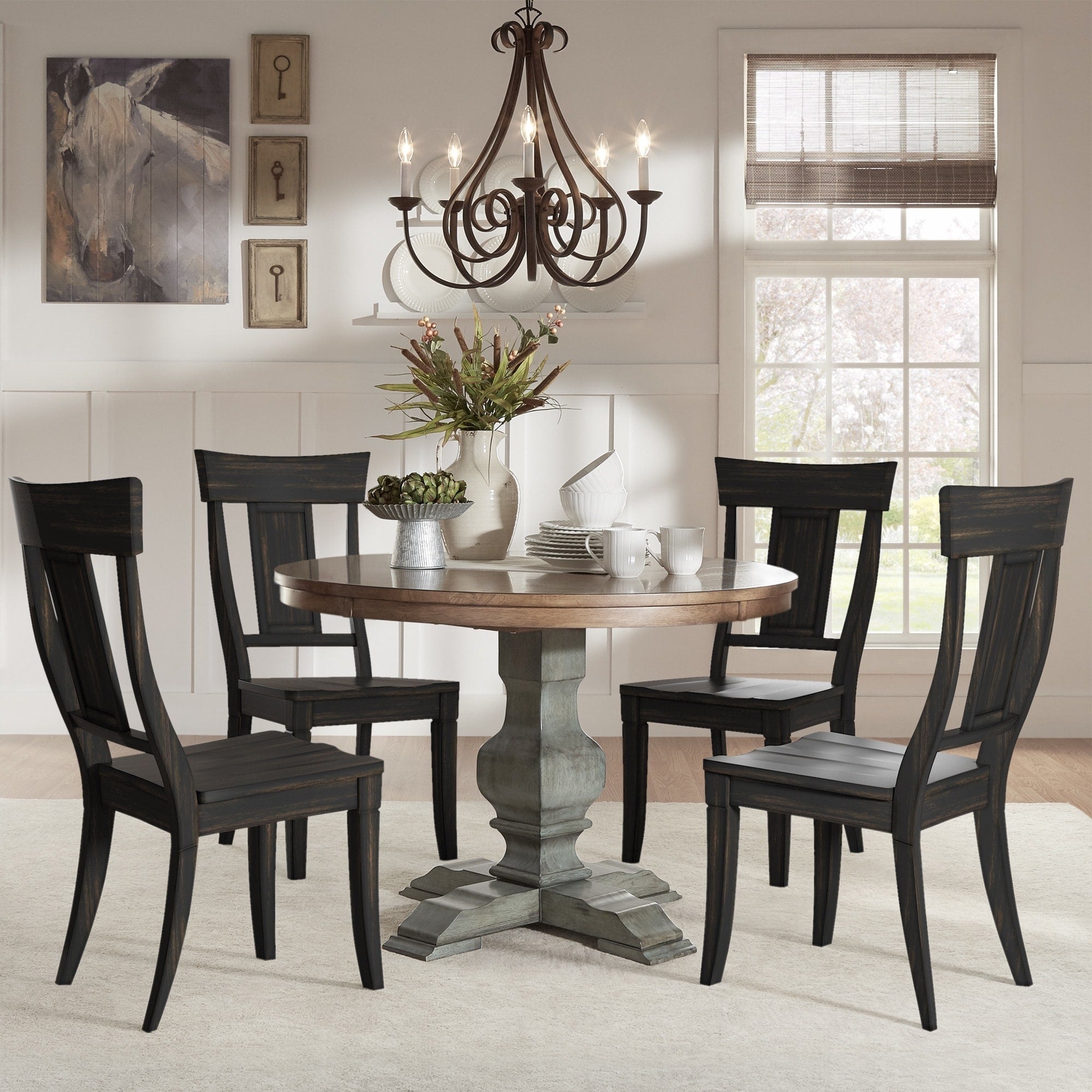 Eleanor Sage Green Round Solid Wood Top Panel Back 5 Piece Dining Set By Inspire Q Classic