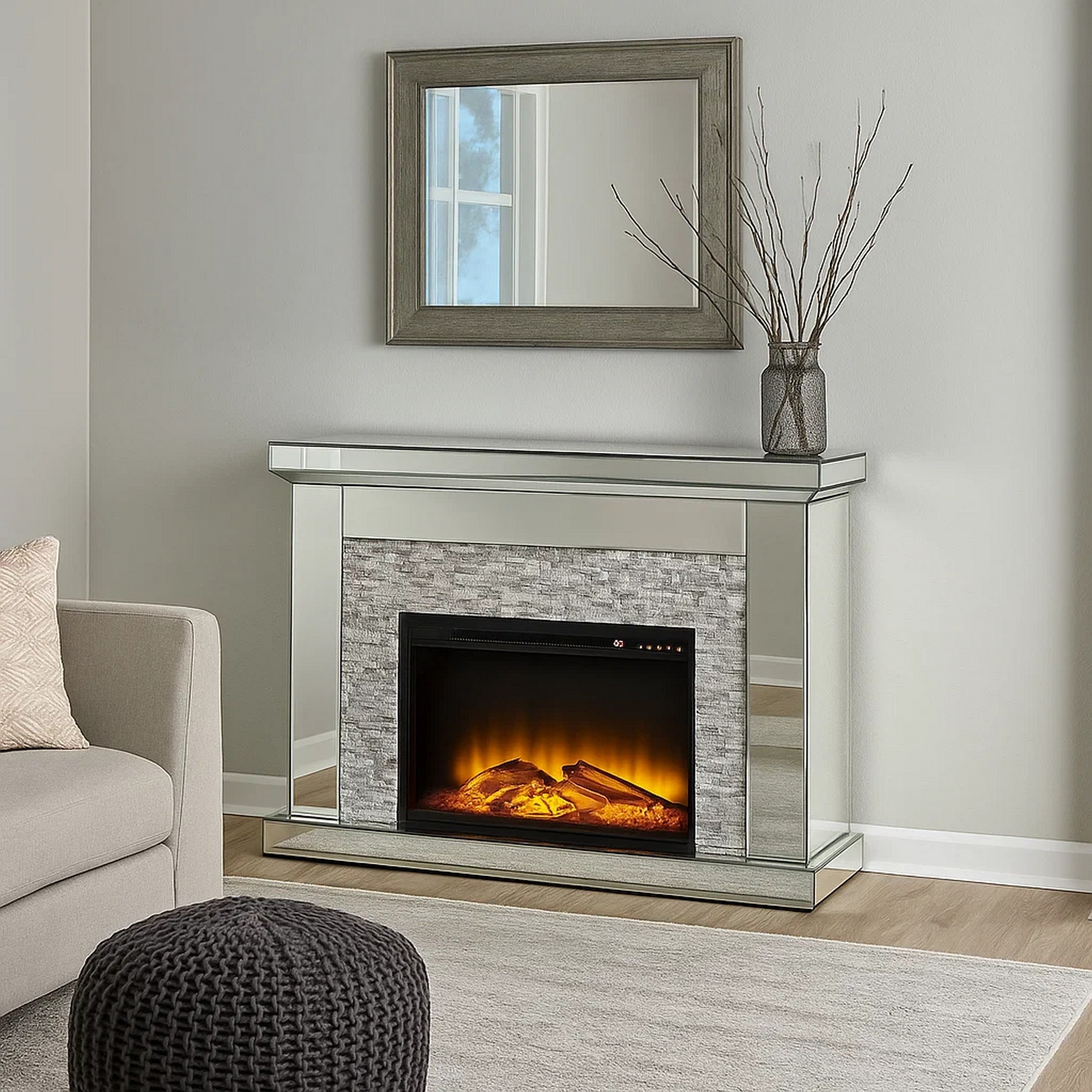 Electric Fireplace With Mirror Panel Framing And Stones Inlay Silver