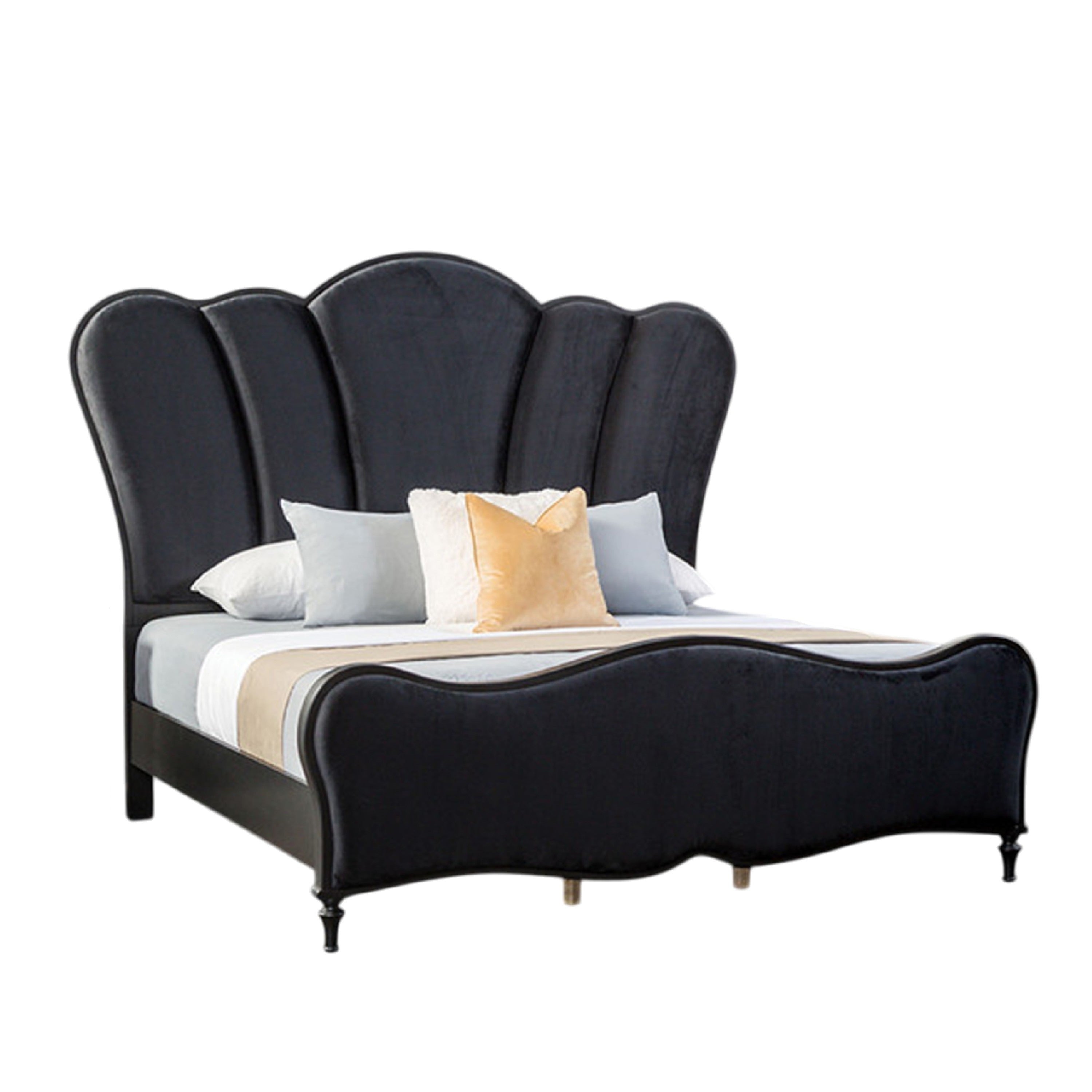 Eleena King Bed Scalloped Padded Channel Tufting Black Upholstery
