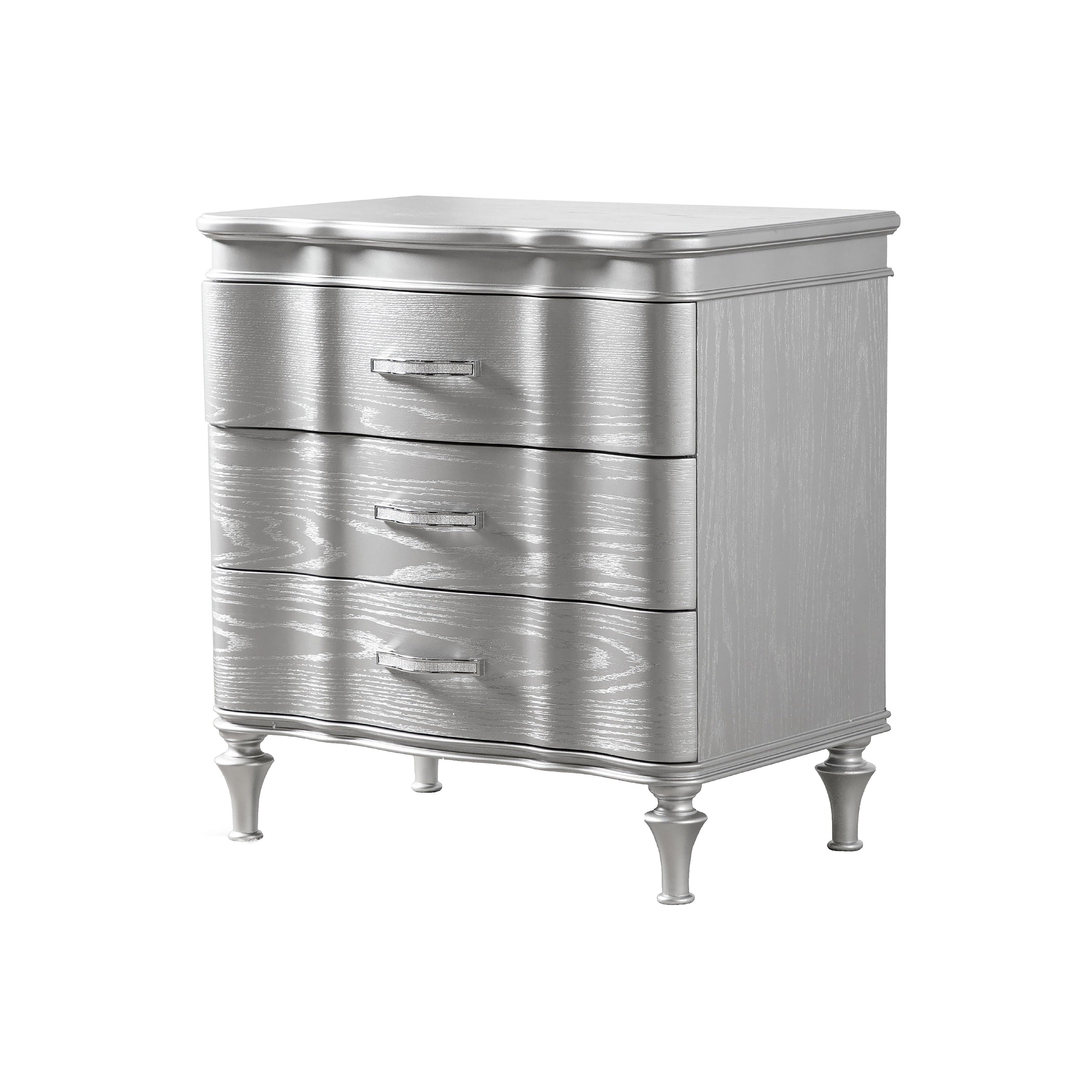 Eleena Nightstand 3 Drawers Silver Solid Wood Metal Handles 28 Inch