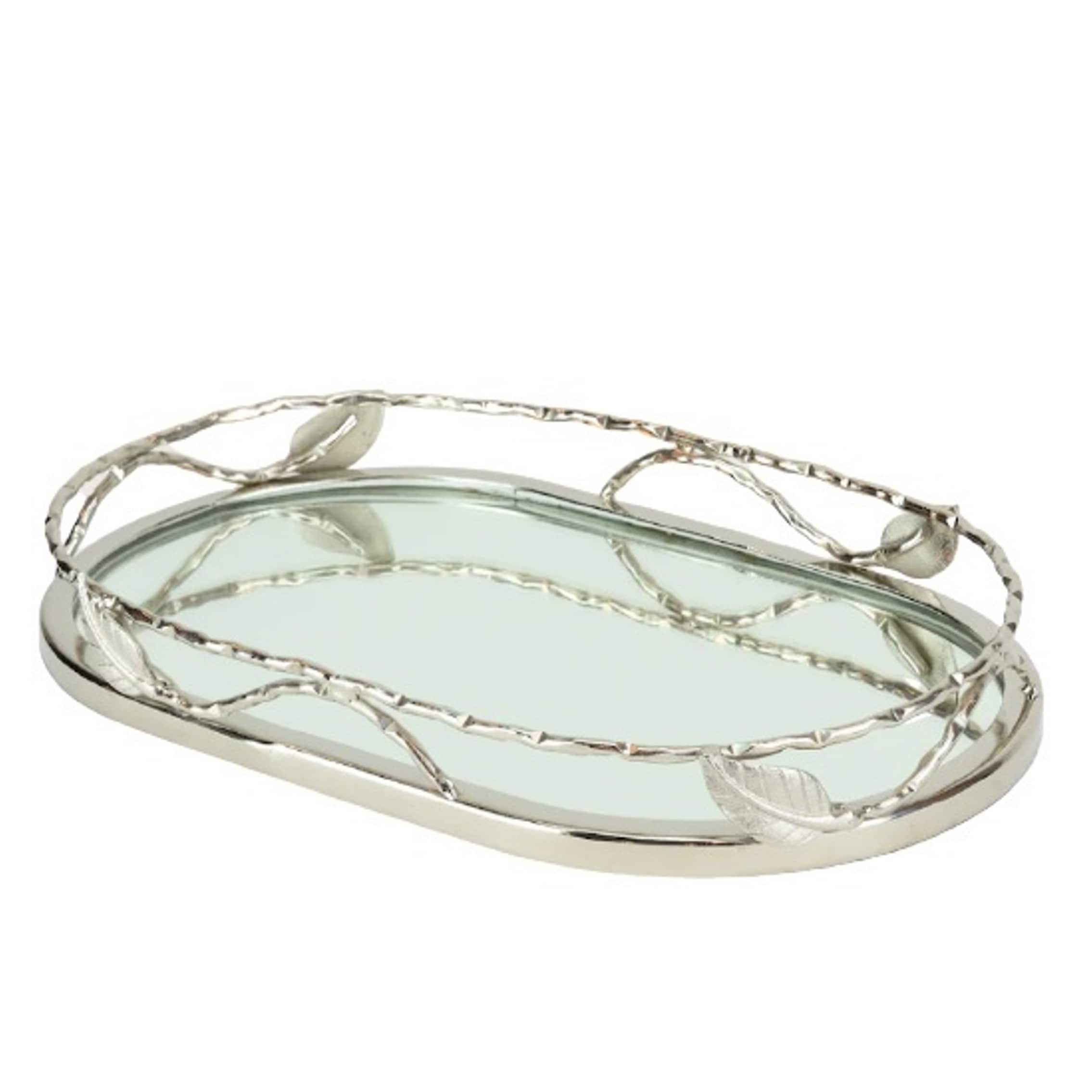 Elegance Oval Mirror Tray With Leaf Border 13.75 X 8.5 In