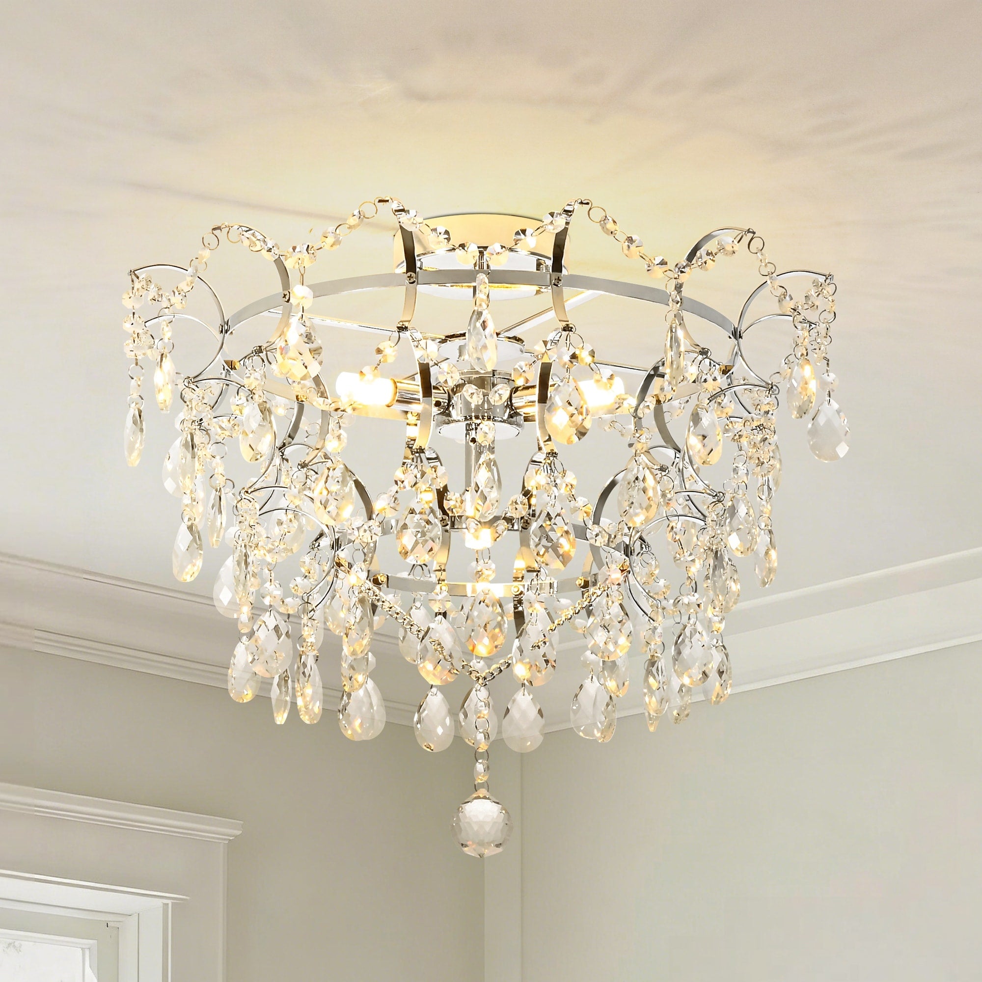Elegant 4 Light Chrome Semi Flush Mount Ceiling Light With Clear Crystal Raindrop Accents For Living Room Or Dining Room