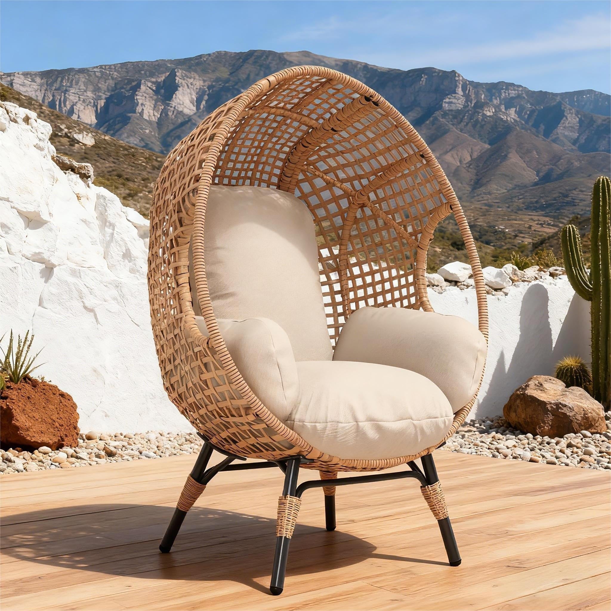 Elegant Arc Back Hanging Egg Chair 400Lb Capacity Patio Swing With 8 Inch Cushion Pe Rattan Outdoor Indoor Chair