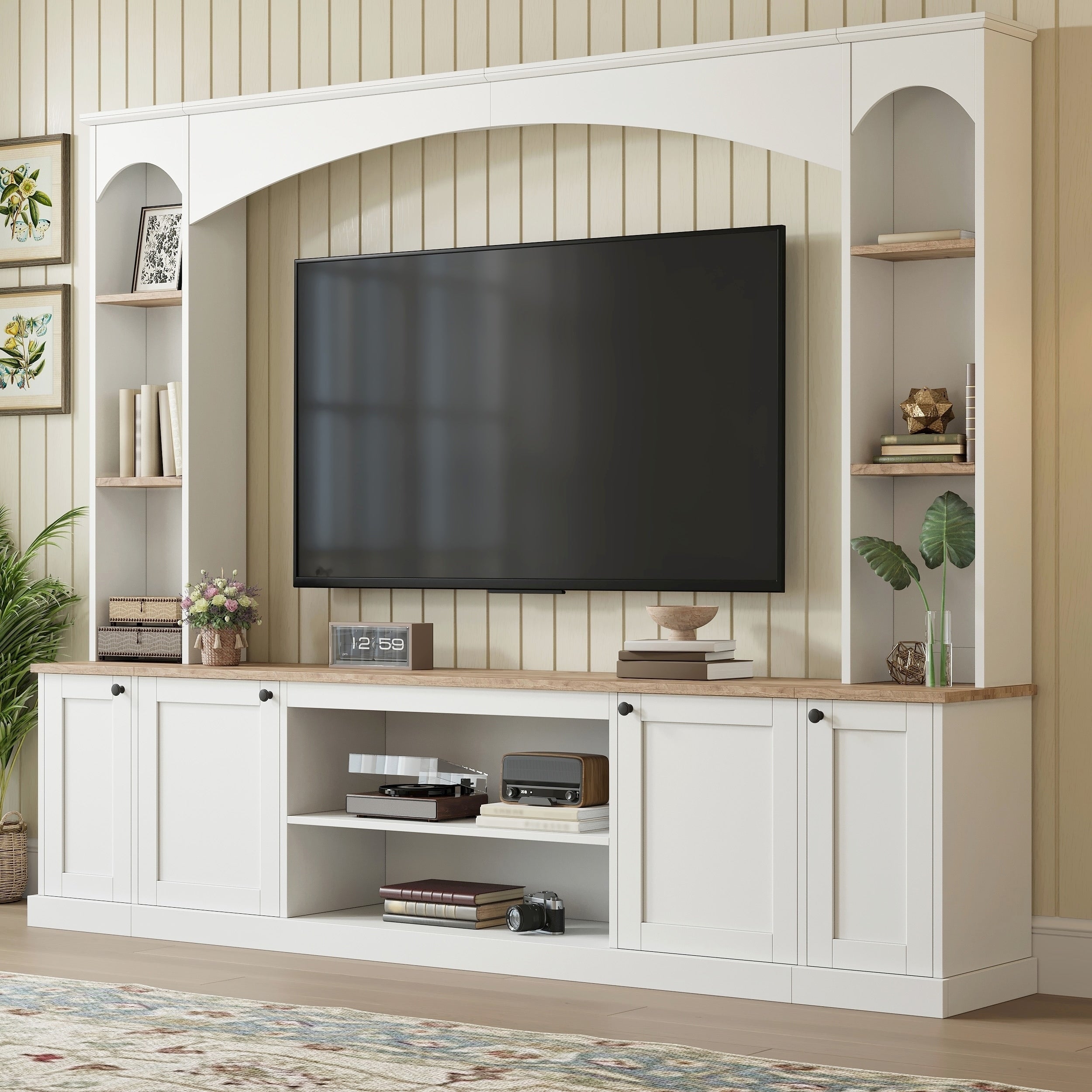 Elegant Arched Entertainment Center Wall Unit With Bookshelf Farmhouse Tv Stand With Wood Grain For Tvs Up To 70