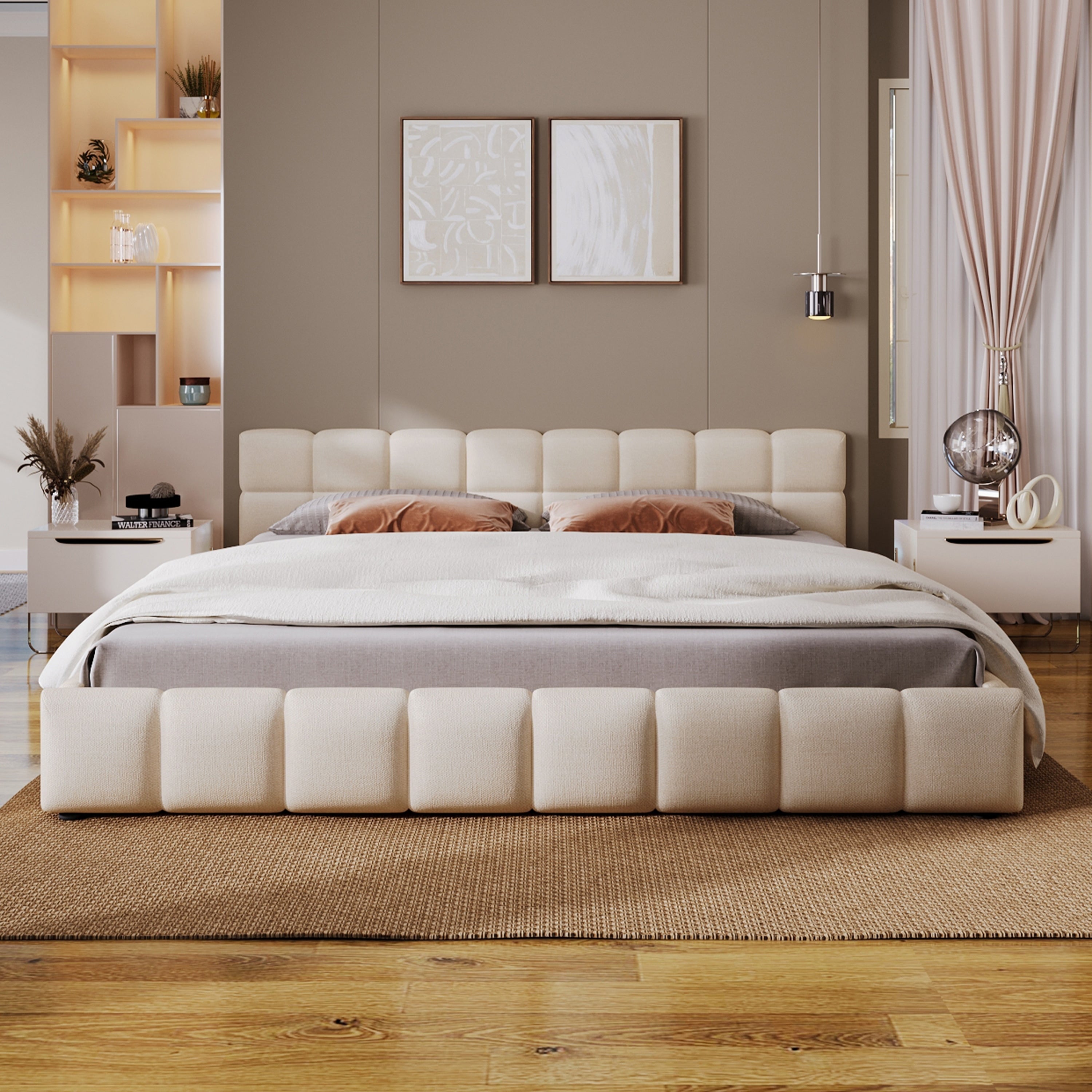 Elegant Beige Chenille Upholstered Bed With Checkerboard Design King