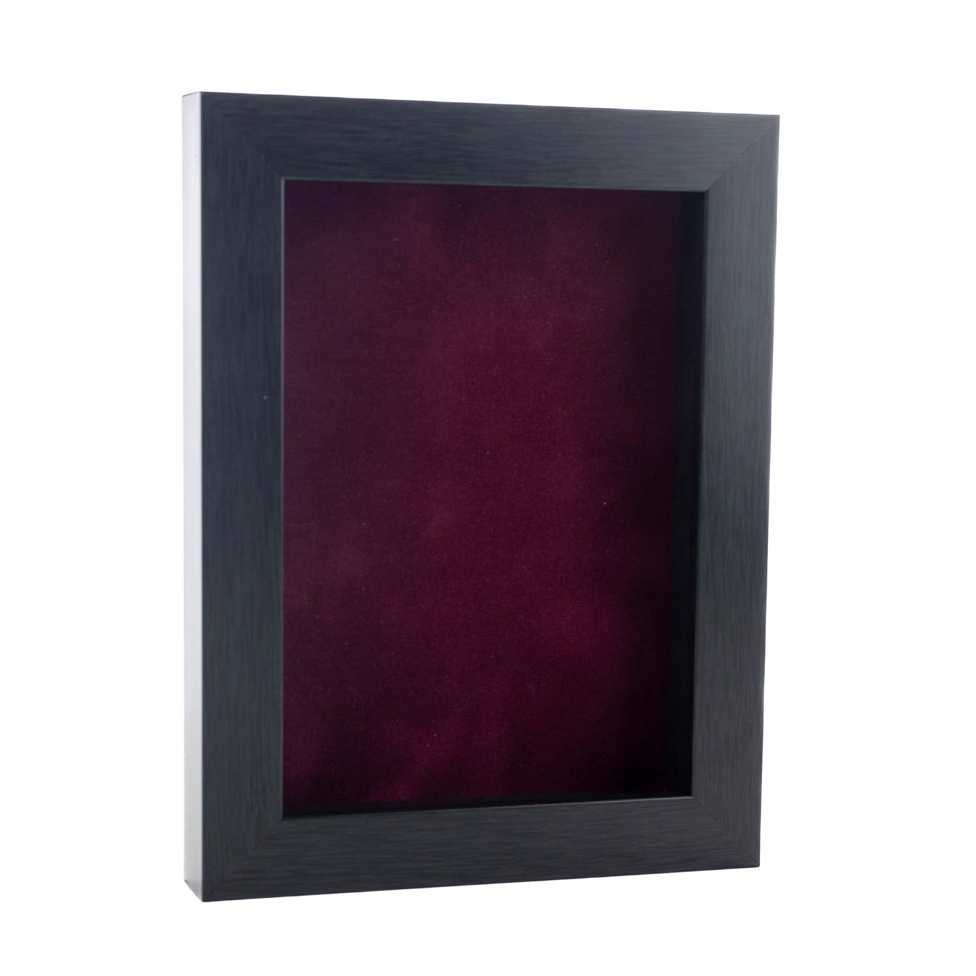 Elegant Charcoal Wood Shadow Box Frame With Acrylic Front Dark Red Suede Backing 30 Sizes