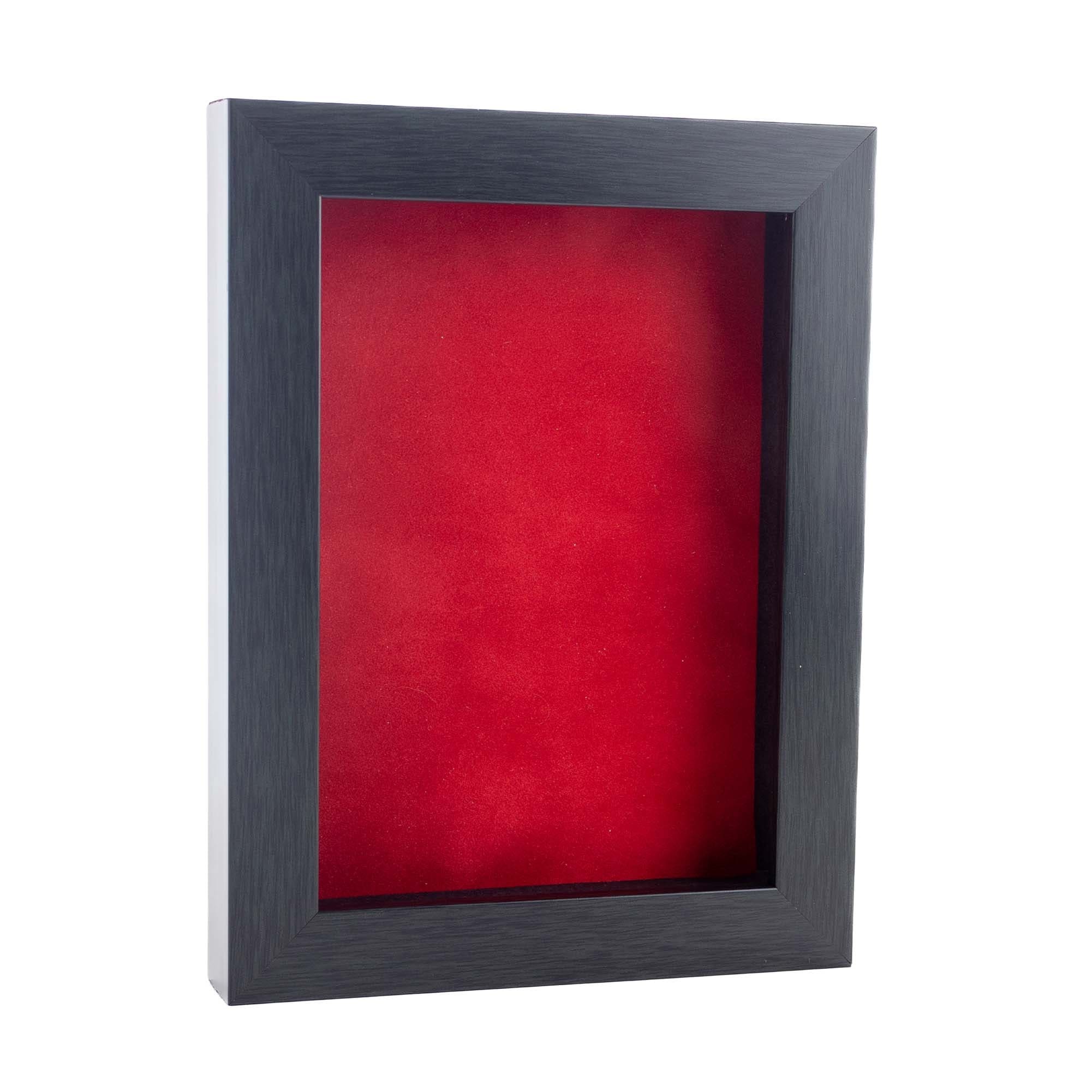 Elegant Charcoal Wood Shadow Box Frame With Acrylic Front Red Suede Backing 30 Sizes