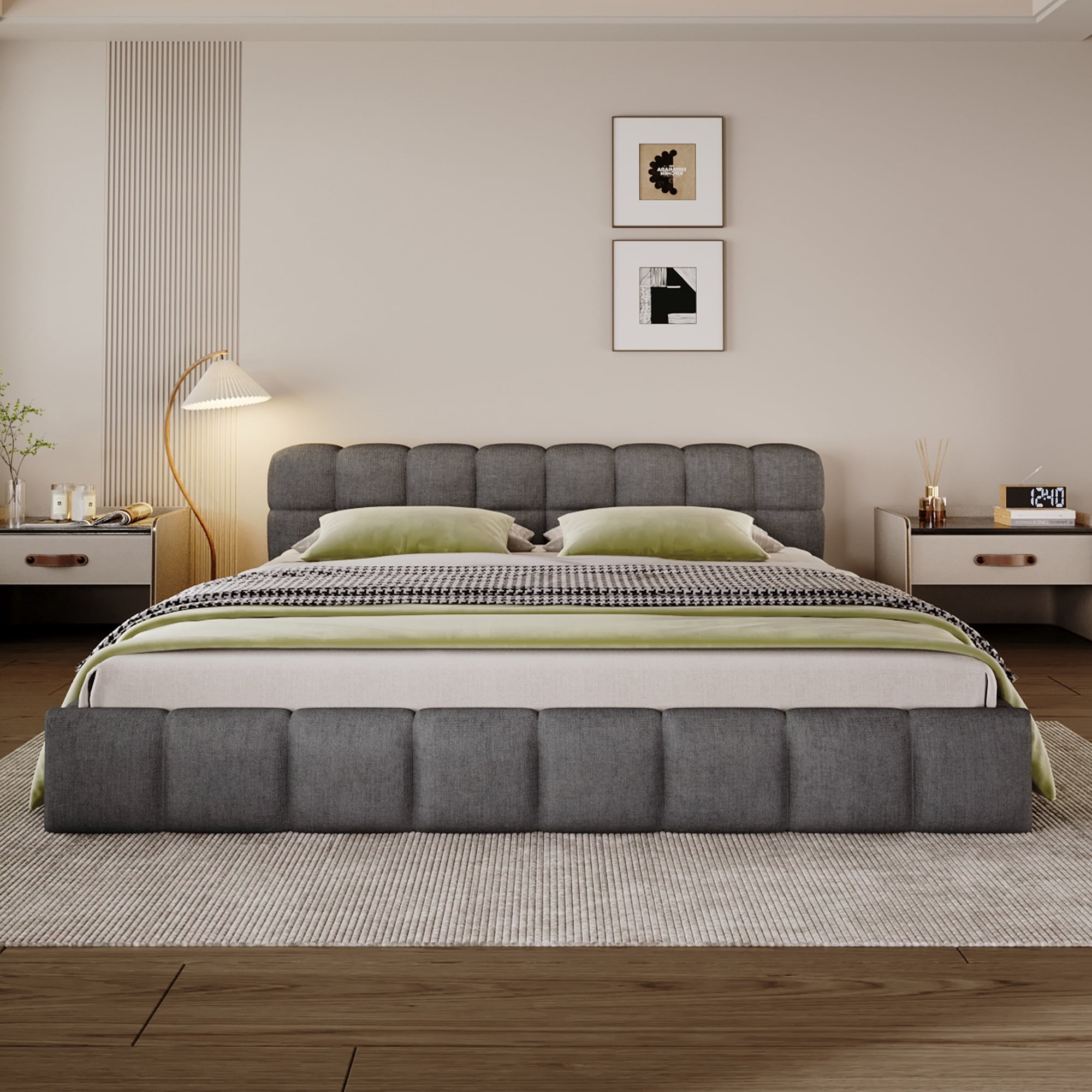 Elegant Chenille Upholstered Bed With Checkerboard Design King Queen Size Platform Frame