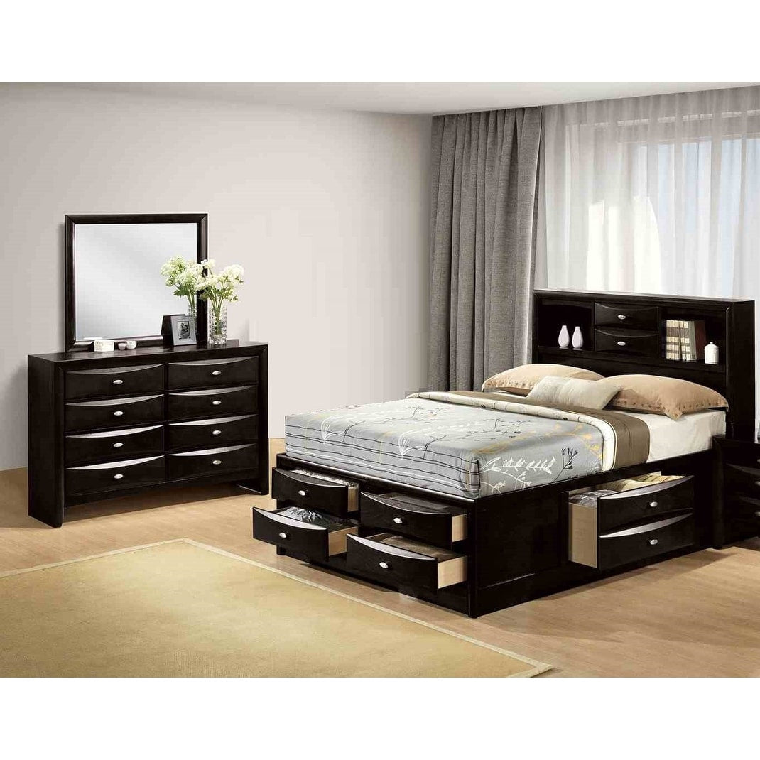 Elegant Designer Wooden Bed Dresser Mirror Wooden 3Pc Black Bedroom Set